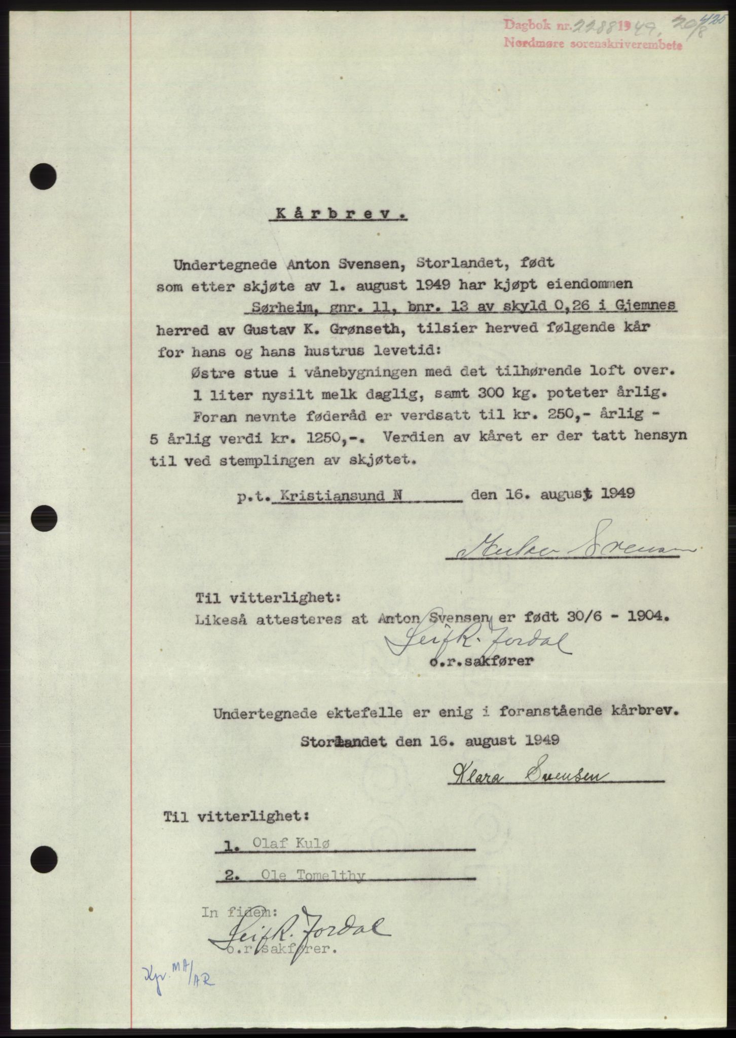 Nordmøre sorenskriveri, AV/SAT-A-4132/1/2/2Ca: Mortgage book no. B102, 1949-1949, Diary no: : 2288/1949