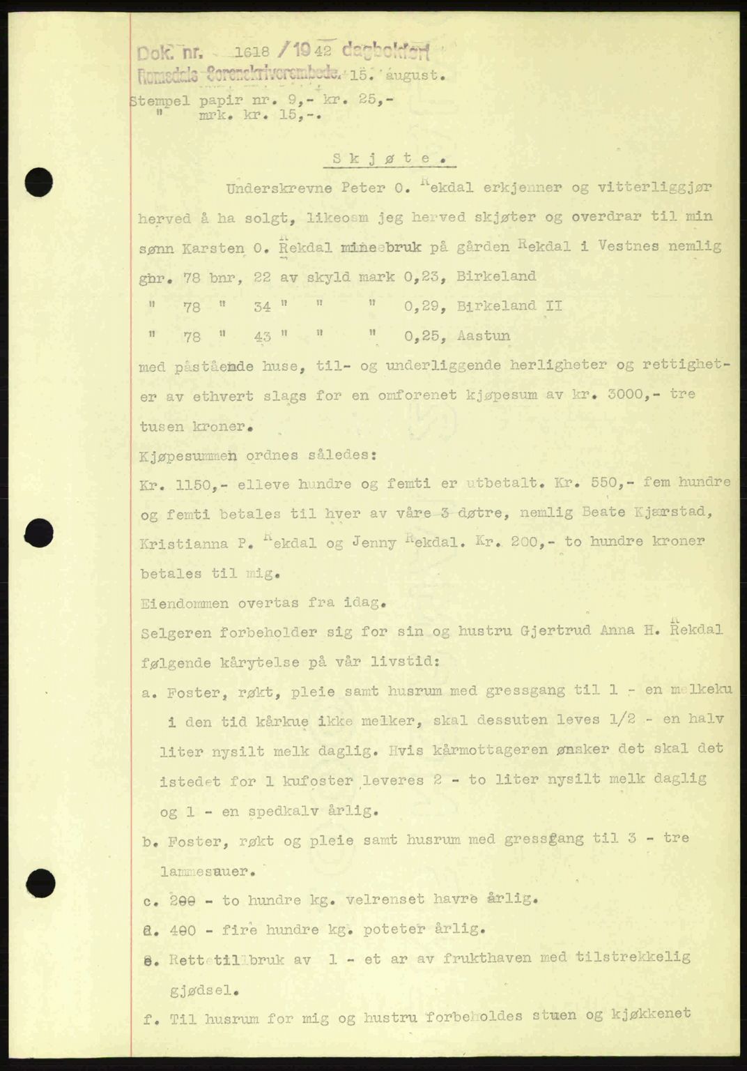 Romsdal sorenskriveri, AV/SAT-A-4149/1/2/2C: Mortgage book no. A12, 1942-1942, Diary no: : 1618/1942