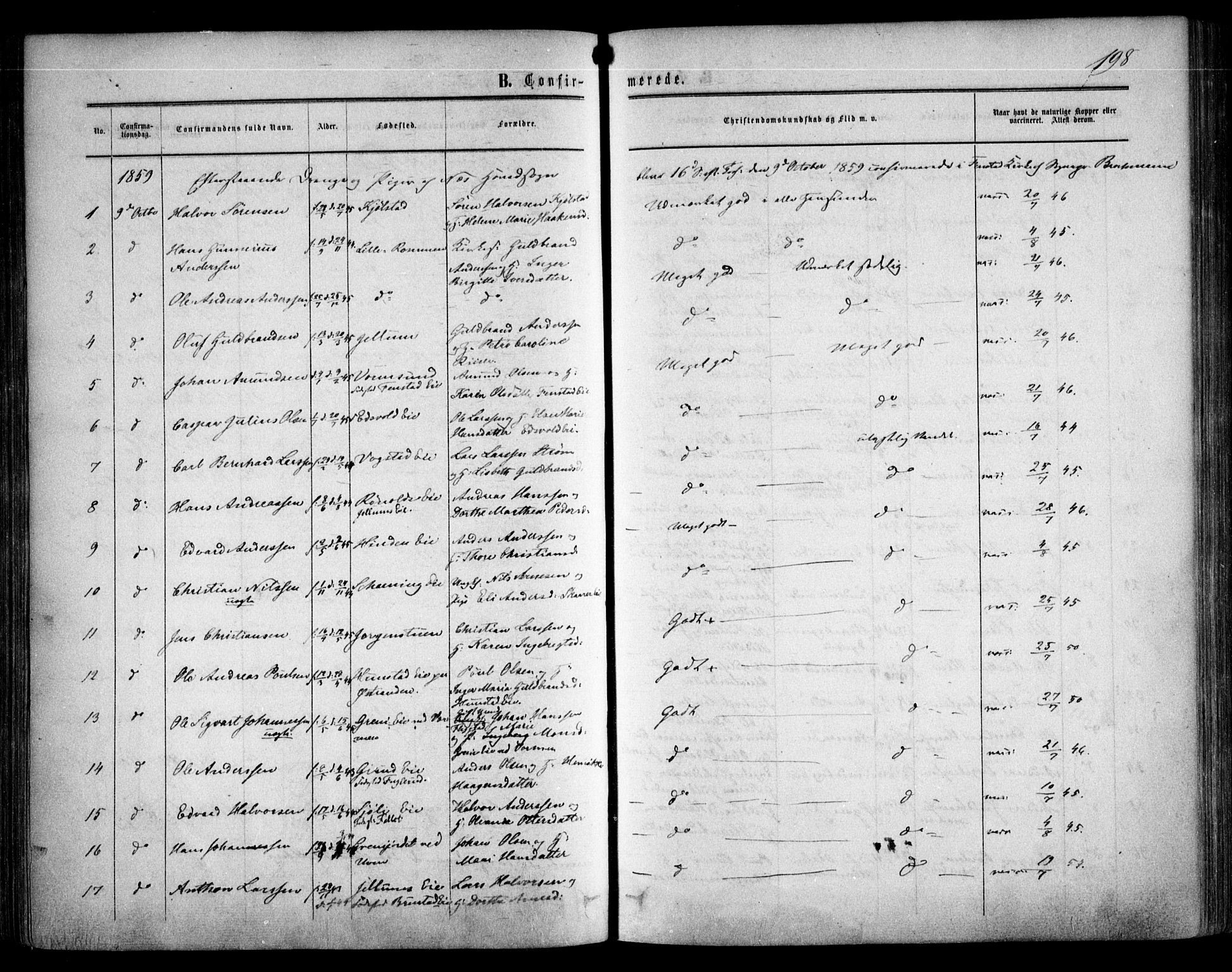 Nes prestekontor Kirkebøker, AV/SAO-A-10410/F/Fa/L0008: Parish register (official) no. I 8, 1859-1874, p. 198