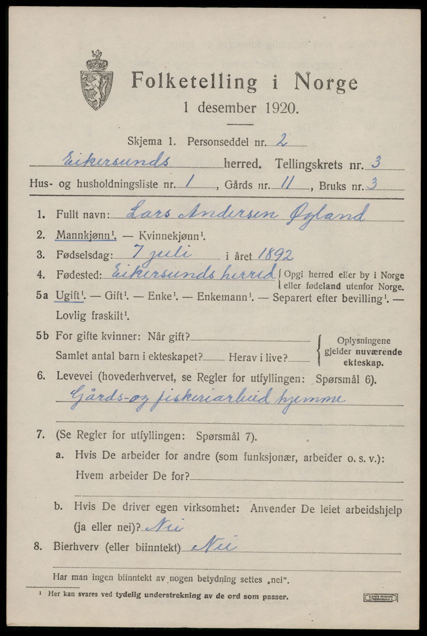 SAST, 1920 census for Eigersund, 1920, p. 2315