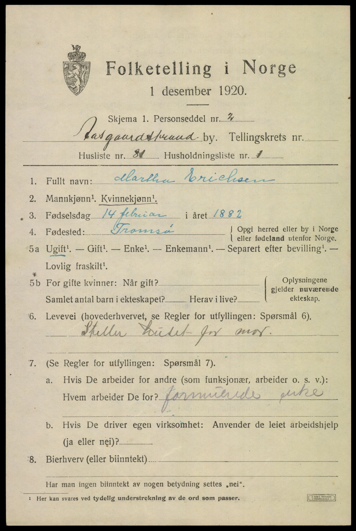 SAKO, 1920 census for Åsgårdstrand, 1920, p. 1217