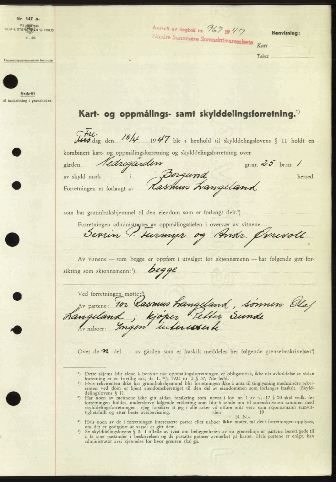 Nordre Sunnmøre sorenskriveri, AV/SAT-A-0006/1/2/2C/2Ca: Mortgage book no. A24, 1947-1947, Diary no: : 967/1947