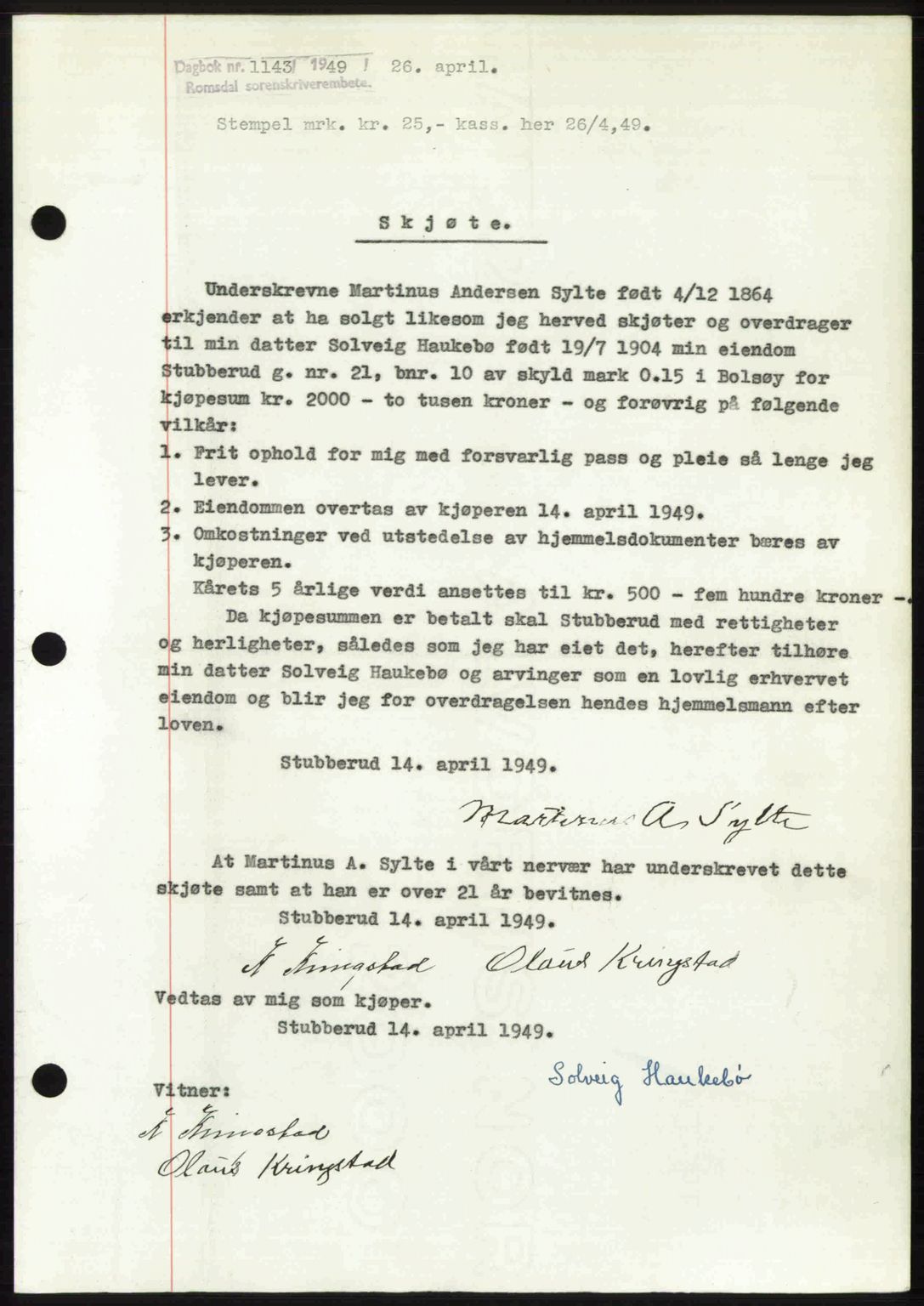 Romsdal sorenskriveri, AV/SAT-A-4149/1/2/2C: Mortgage book no. A29, 1949-1949, Diary no: : 1143/1949