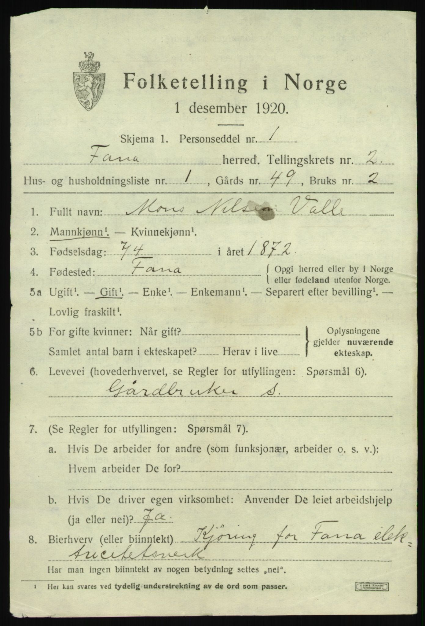 SAB, 1920 census for Fana, 1920, p. 4359