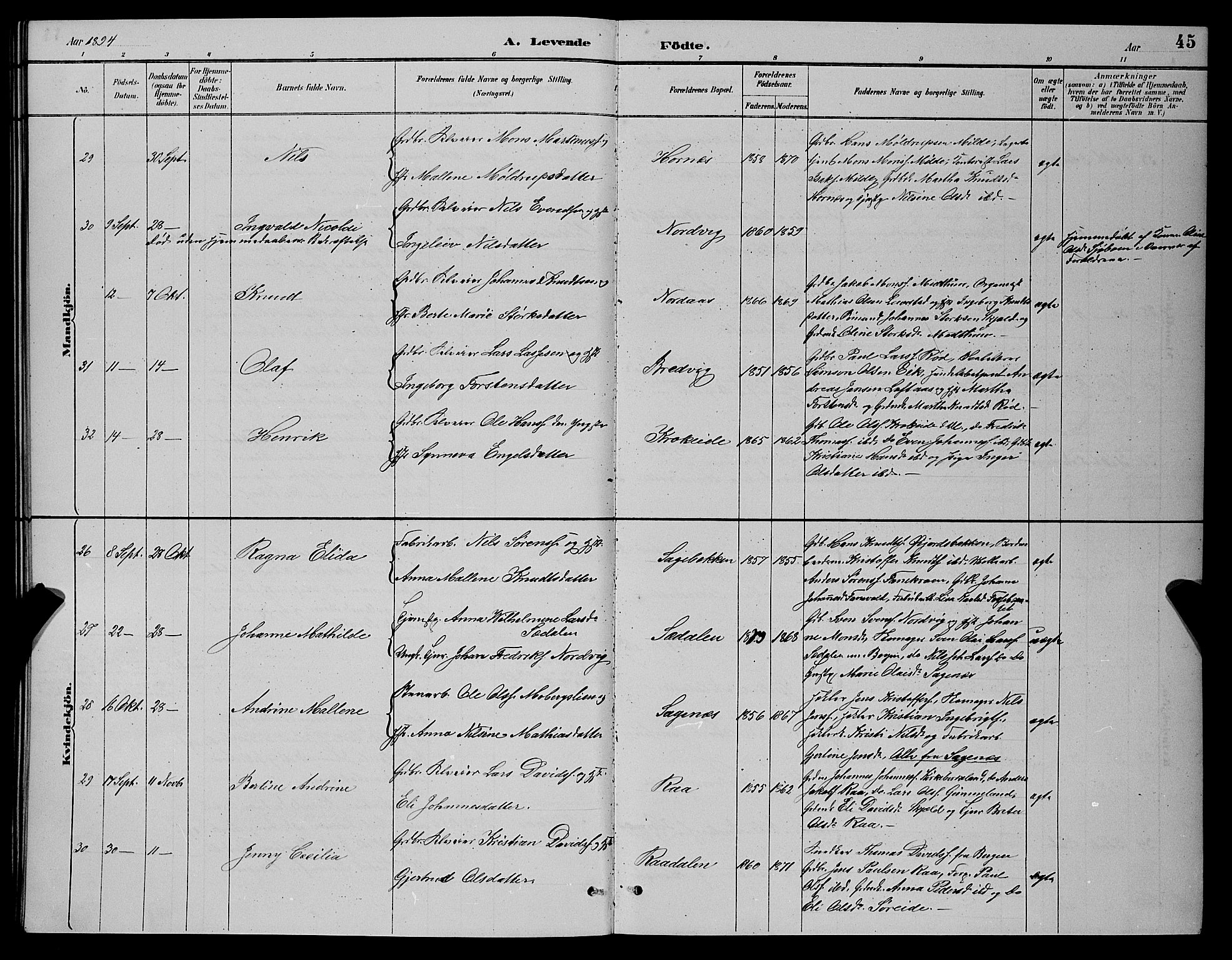 Fana Sokneprestembete, SAB/A-75101/H/Hab/Haba/L0002: Parish register (copy) no. A 2, 1889-1895, p. 45