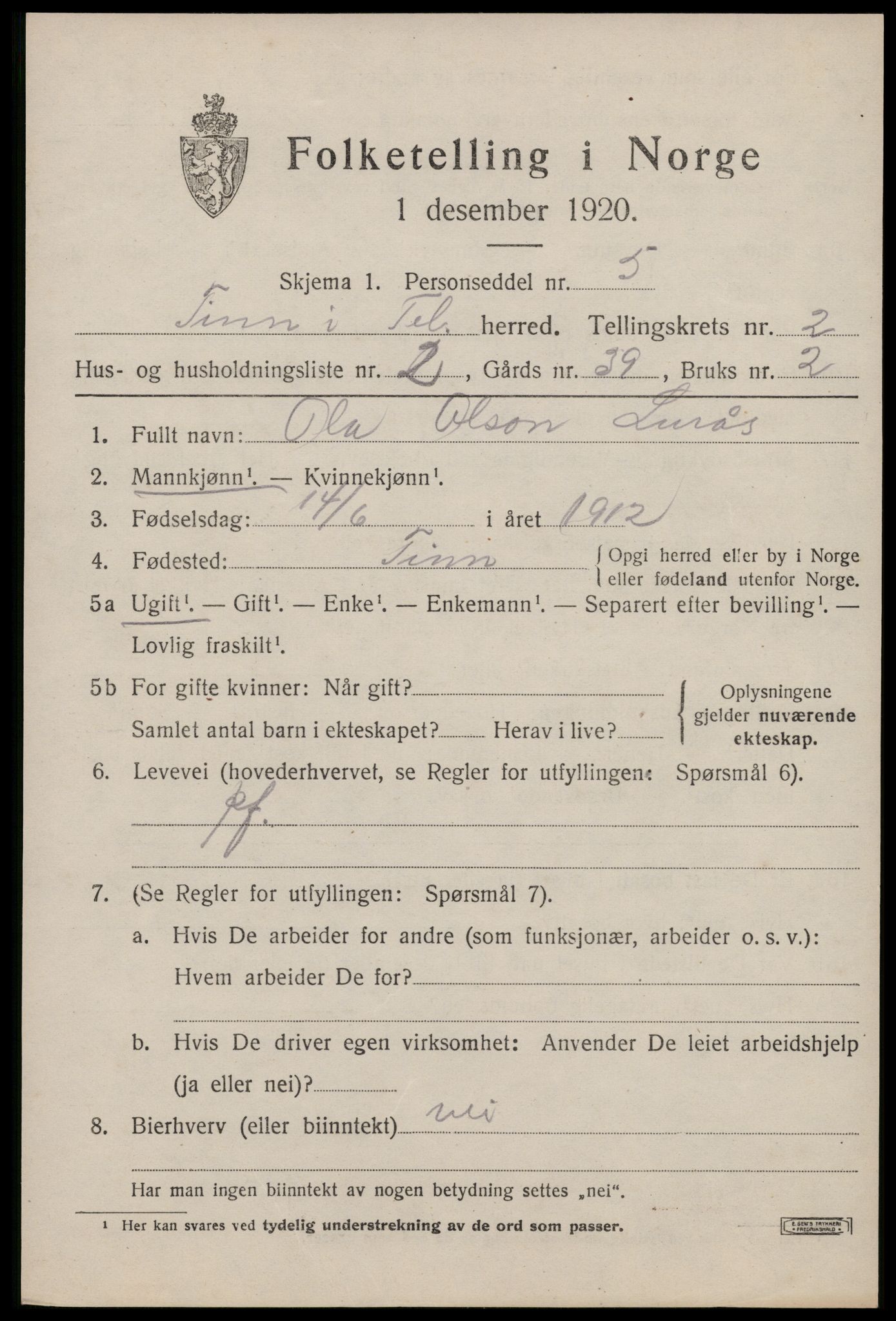 SAKO, 1920 census for Tinn, 1920, p. 3068