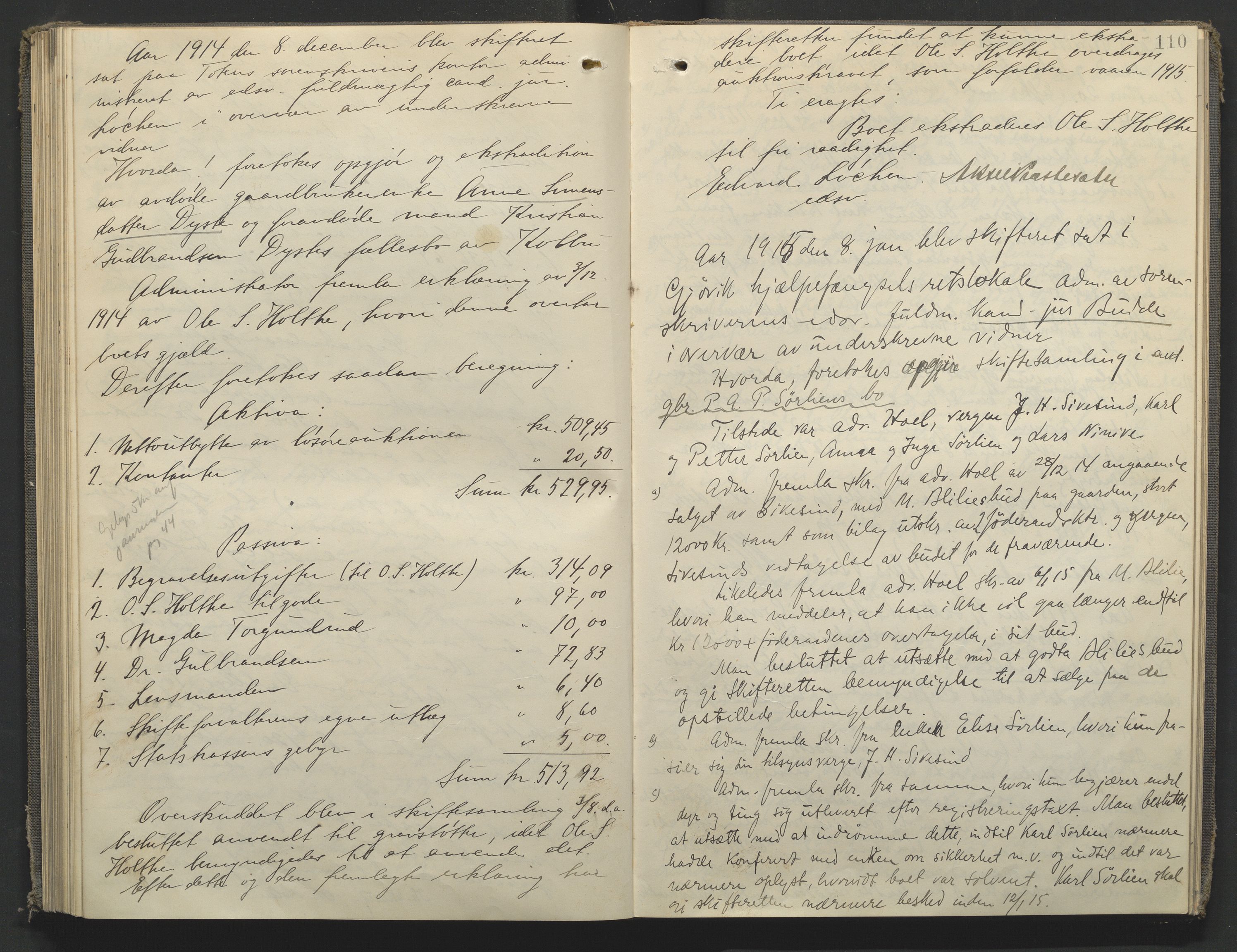 Toten tingrett, AV/SAH-TING-006/J/Jf/L0009: Skiftebehandlingsprotokoll - Vestre Toten, Kolbu og Eina, 1911-1916, p. 110