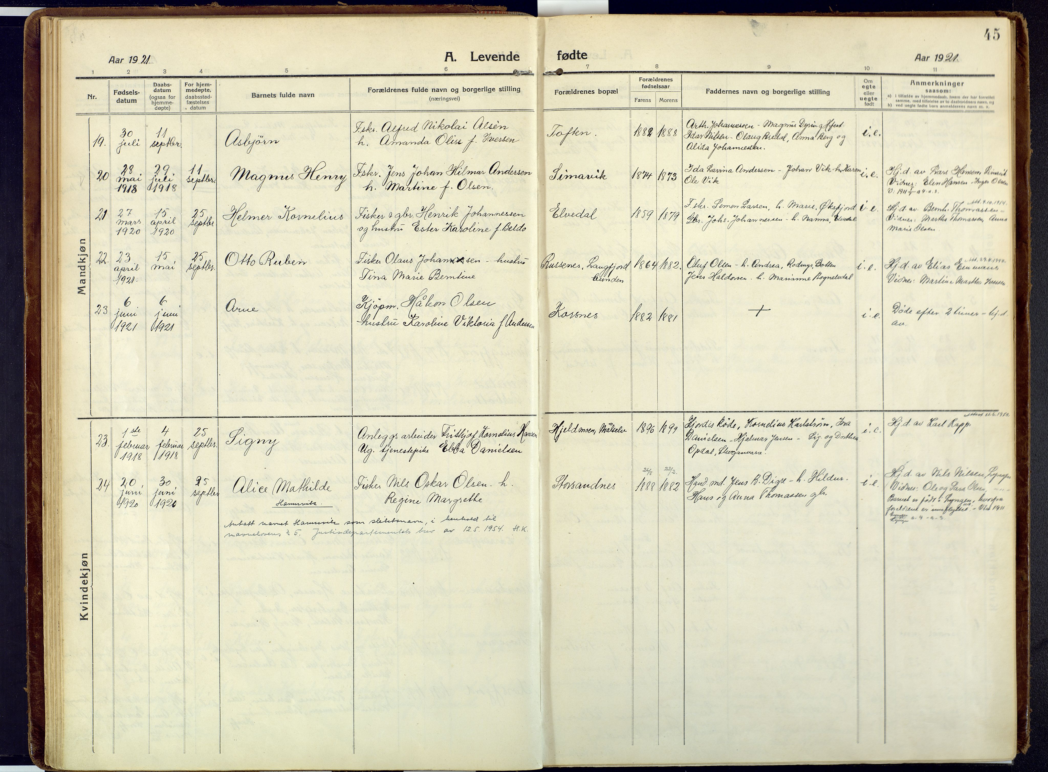 Talvik sokneprestkontor, SATØ/S-1337/H/Ha/L0018kirke: Parish register (official) no. 18, 1915-1924, p. 45