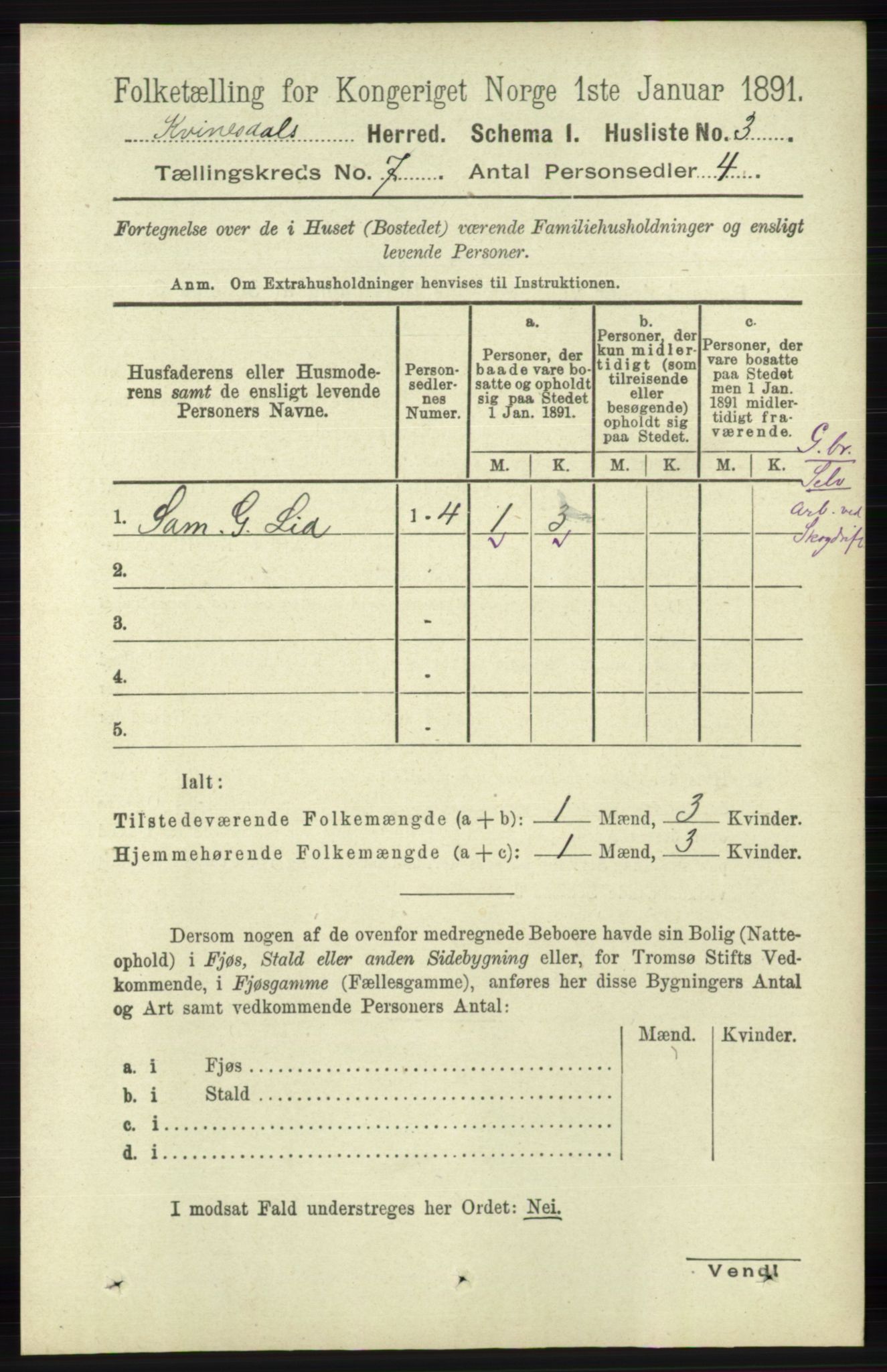 RA, 1891 census for 1037 Kvinesdal, 1891, p. 2378