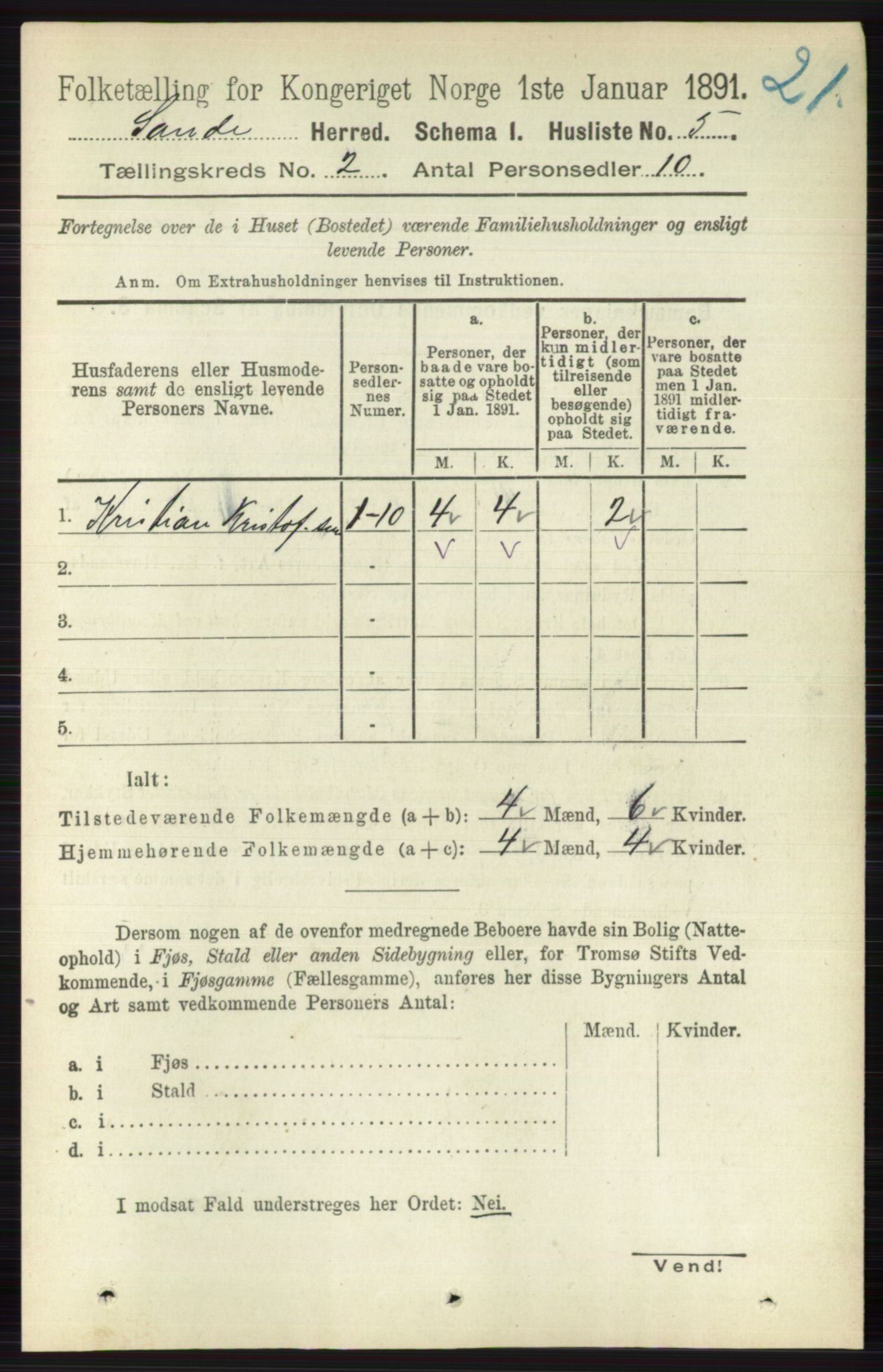 RA, 1891 census for 0713 Sande, 1891, p. 473