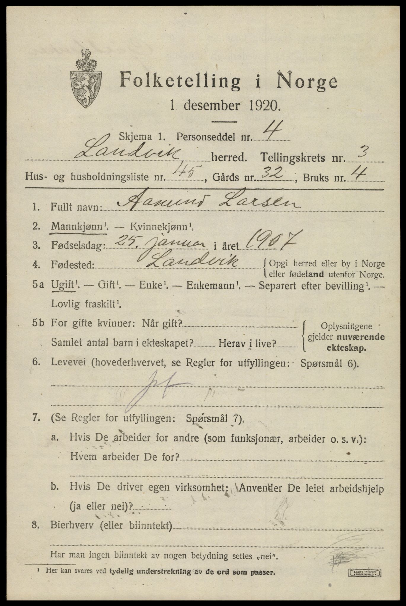SAK, 1920 census for Landvik, 1920, p. 3336