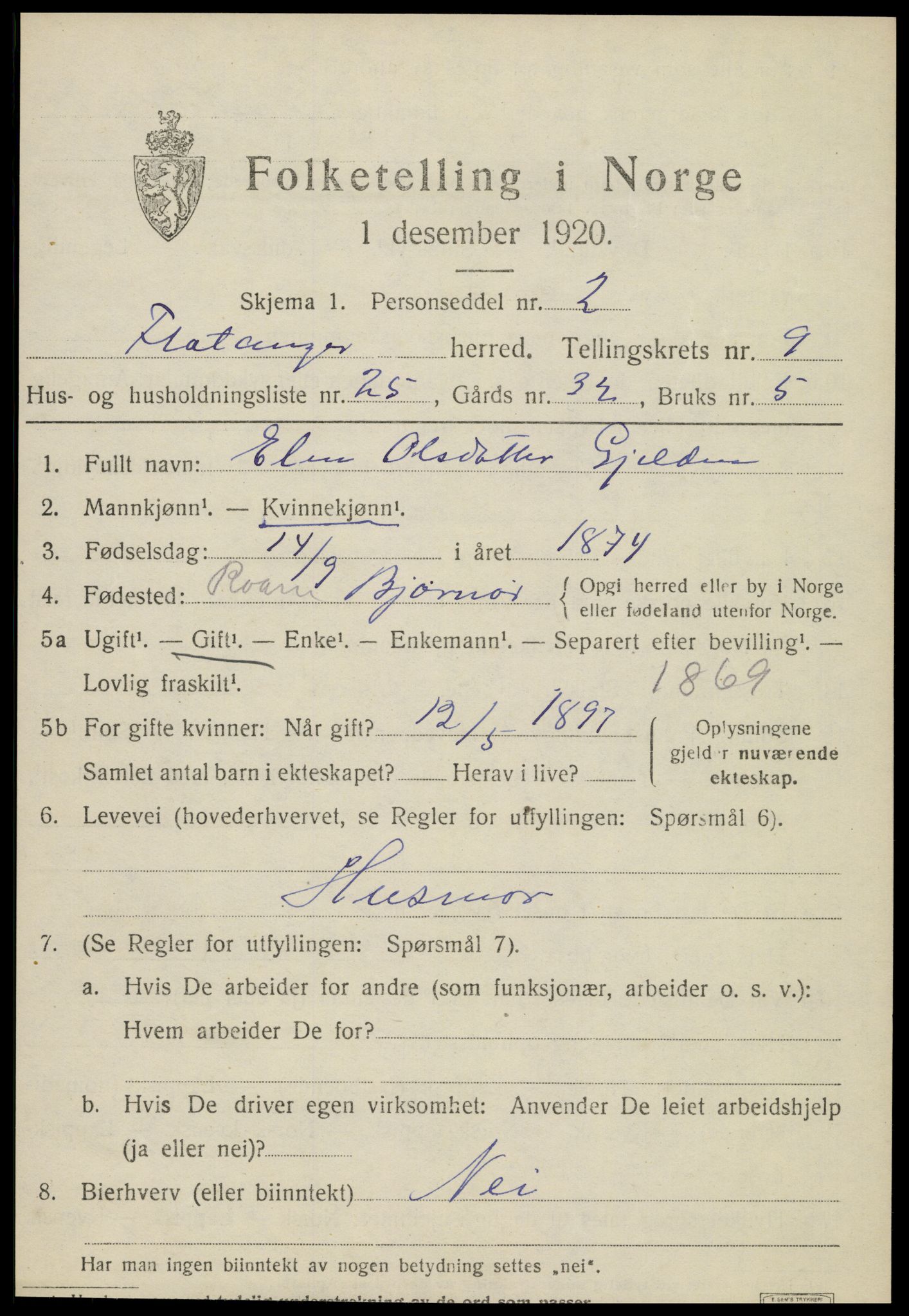 SAT, 1920 census for Flatanger, 1920, p. 4372