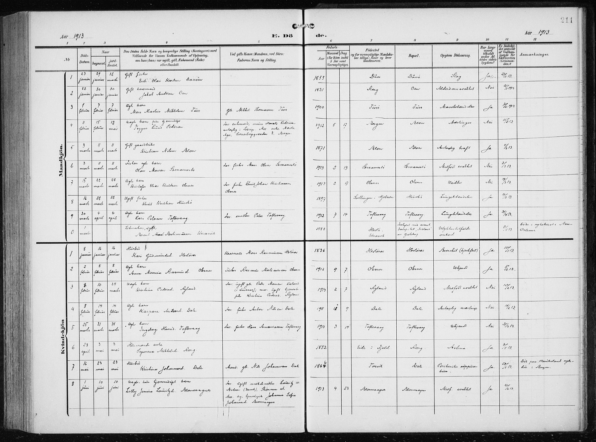 Herdla Sokneprestembete, SAB/A-75701/H/Haa: Parish register (official) no. A 5, 1905-1918, p. 211