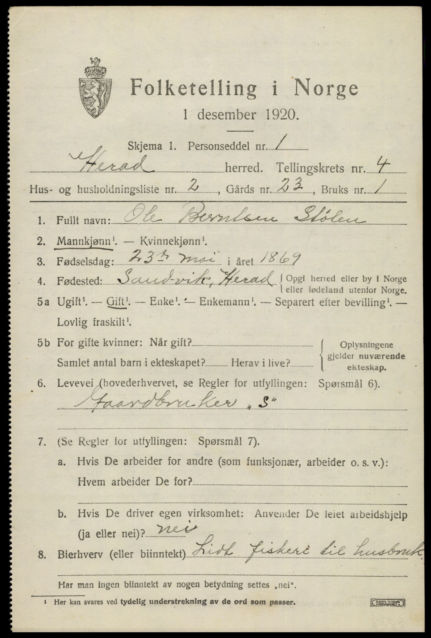 SAK, 1920 census for Herad, 1920, p. 1730