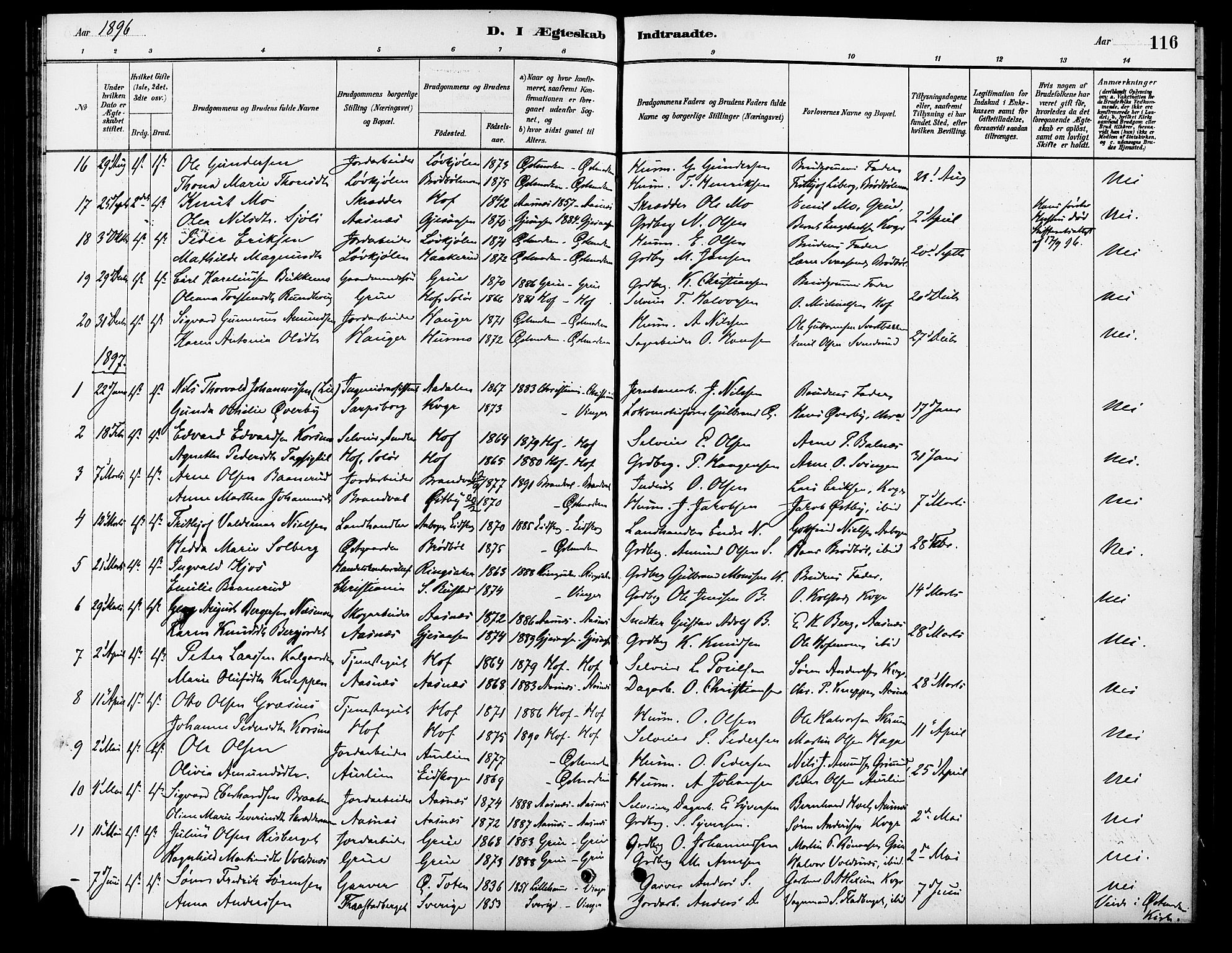Vinger prestekontor, SAH/PREST-024/H/Ha/Haa/L0013: Parish register (official) no. 13, 1881-1897, p. 116