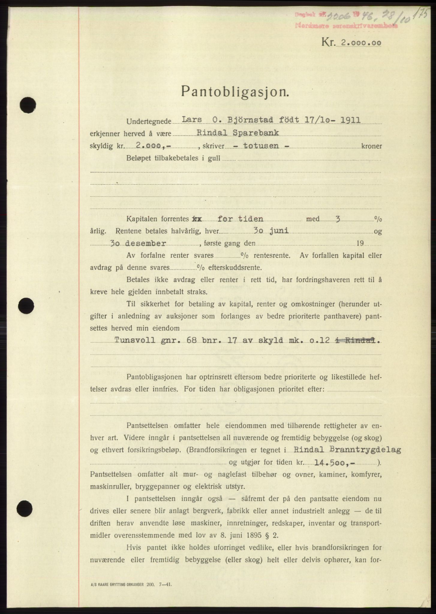 Nordmøre sorenskriveri, AV/SAT-A-4132/1/2/2Ca: Mortgage book no. B95, 1946-1947, Diary no: : 2206/1946