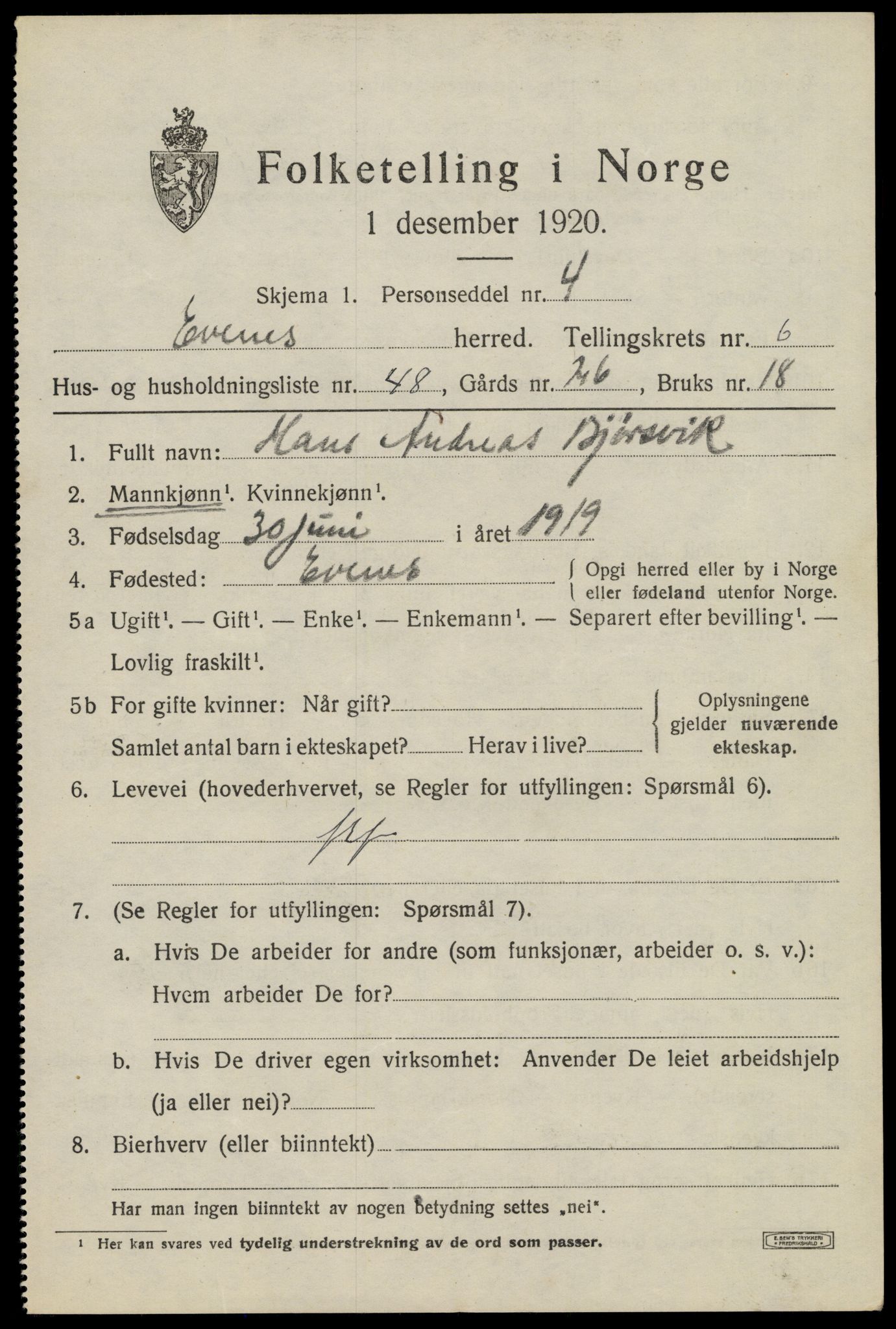 SAT, 1920 census for Evenes, 1920, p. 6112