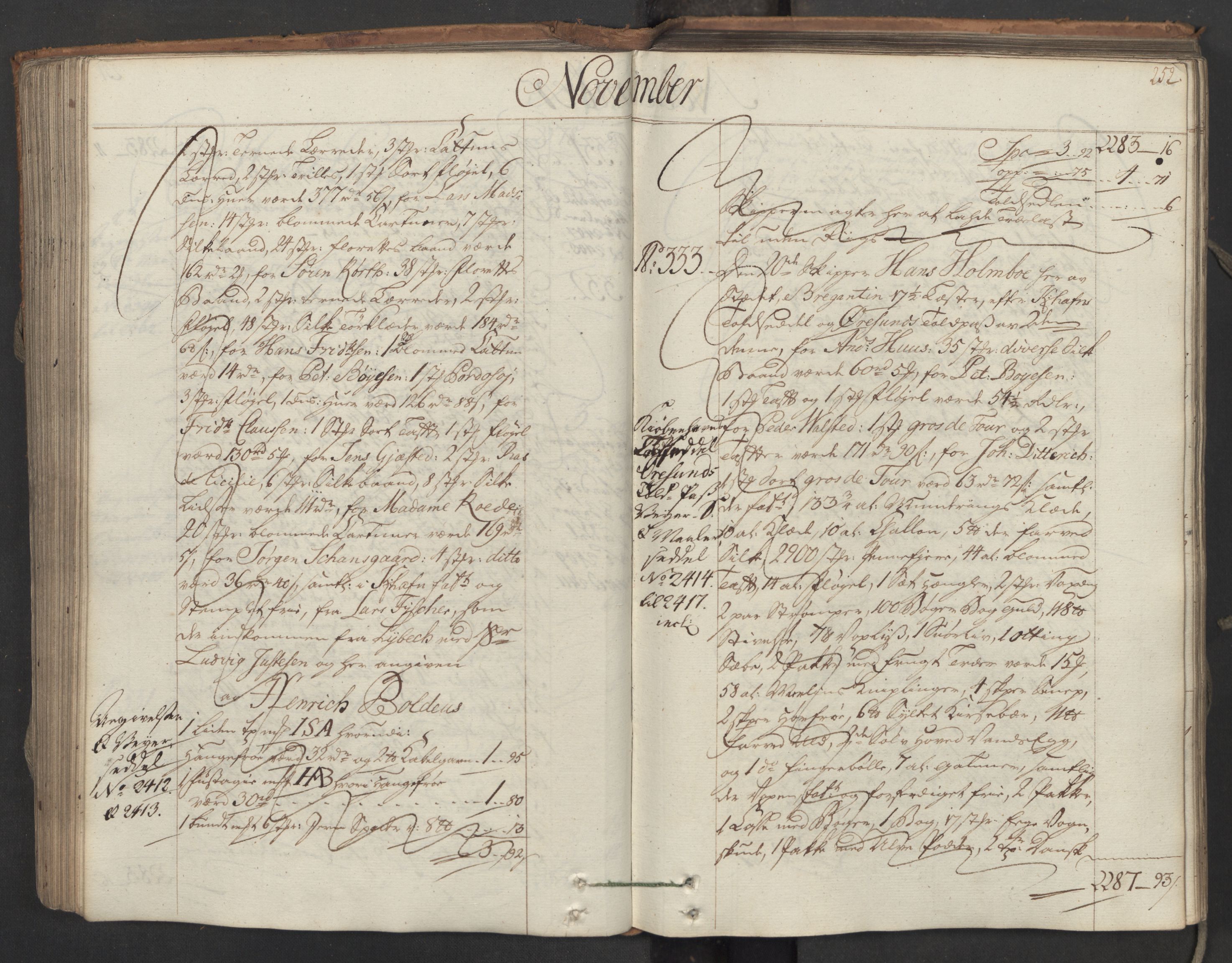 Generaltollkammeret, tollregnskaper, AV/RA-EA-5490/R06/L0062/0001: Tollregnskaper Kristiania / Inngående hovedtollbok, 1762, p. 251b-252a