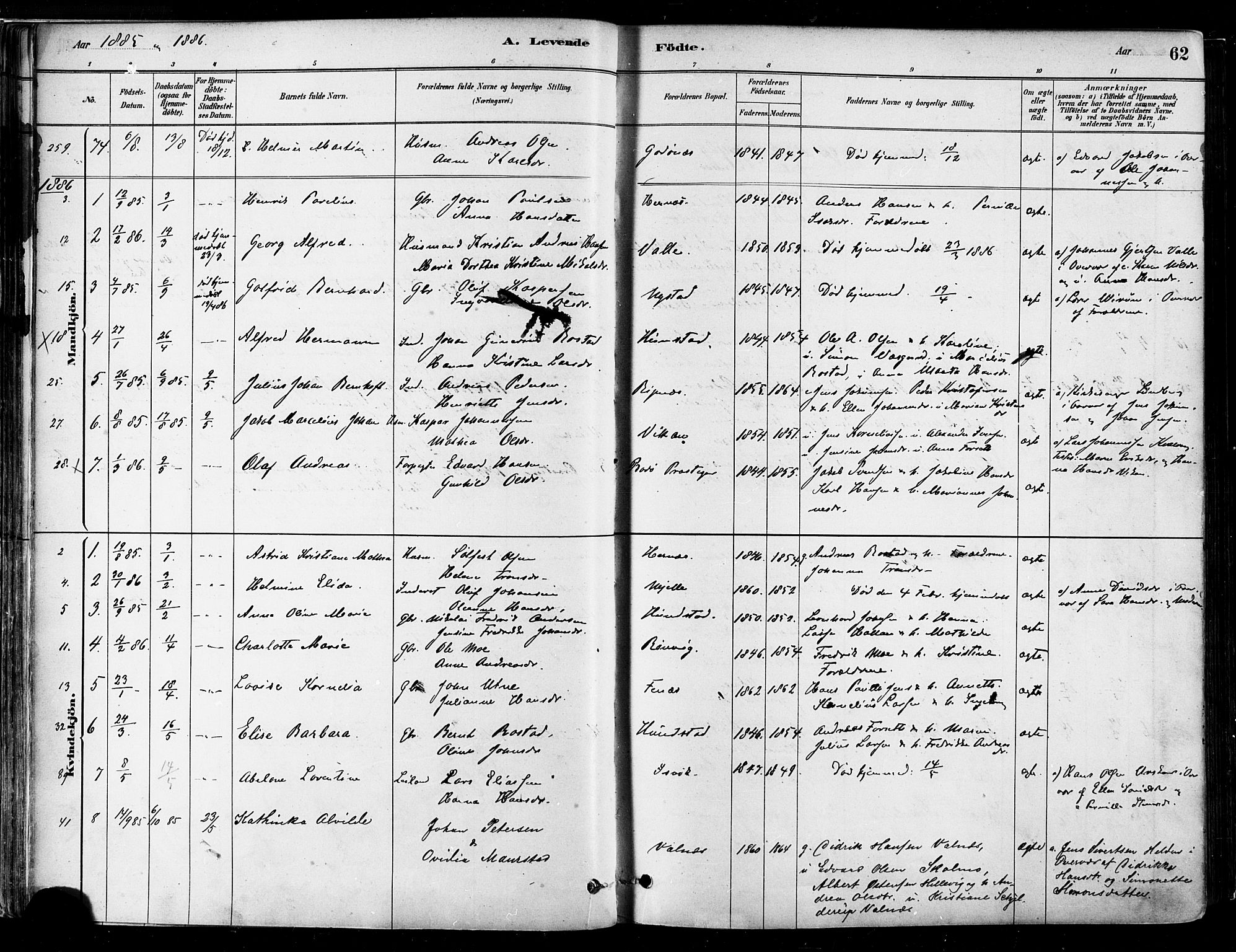 Ministerialprotokoller, klokkerbøker og fødselsregistre - Nordland, SAT/A-1459/802/L0054: Parish register (official) no. 802A01, 1879-1893, p. 62
