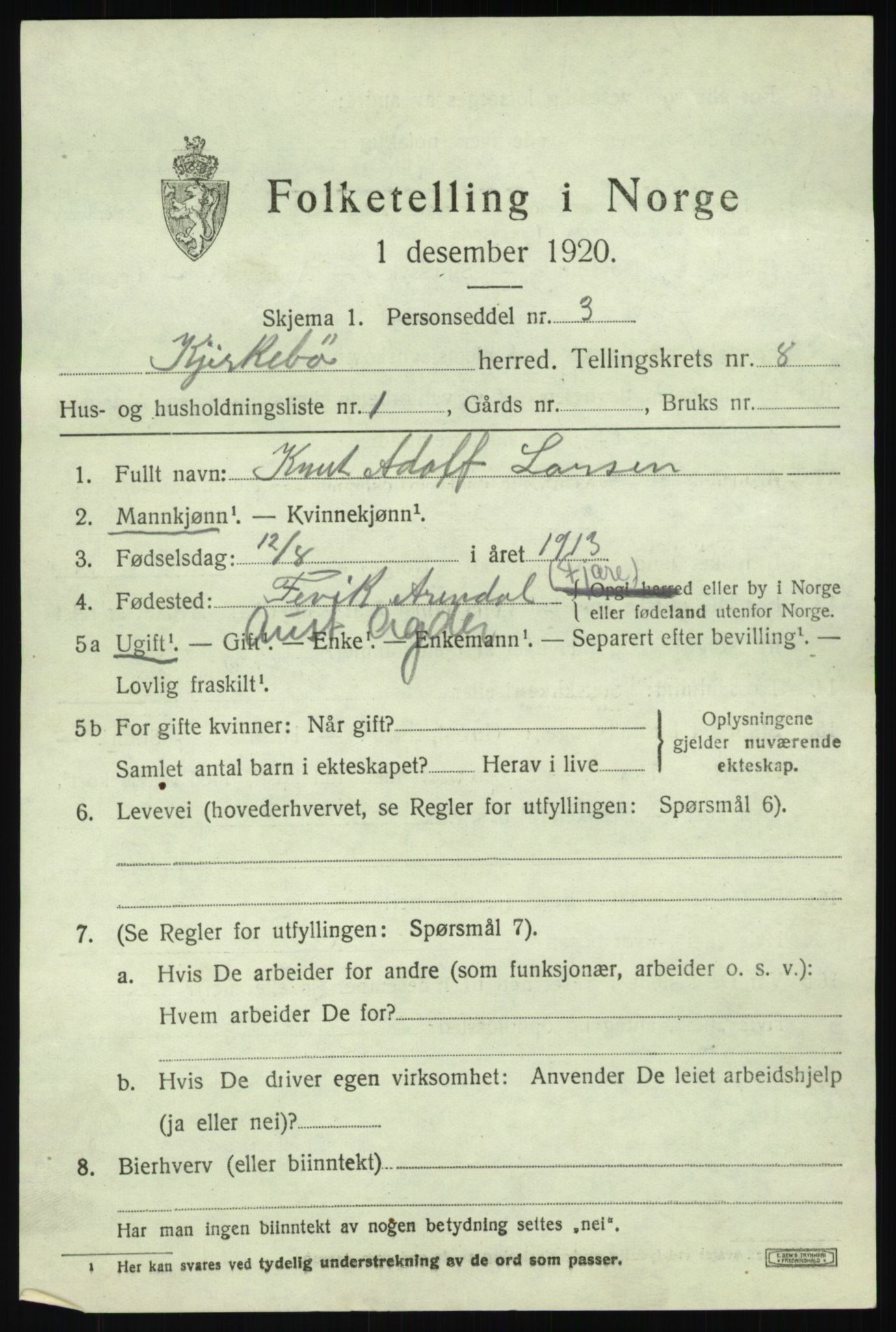 SAB, 1920 census for Kyrkjebø, 1920, p. 3677