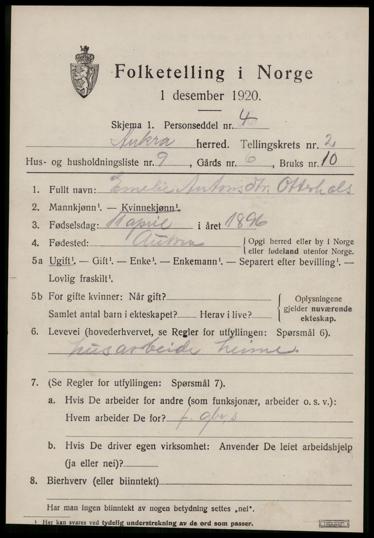 SAT, 1920 census for Aukra, 1920, p. 1727