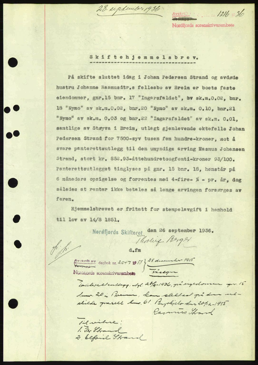 Nordfjord sorenskriveri, AV/SAB-A-2801/02/02b/02bj/L0001: Mortgage book no. A1, 1936-1937, Diary no: : 1216/1936