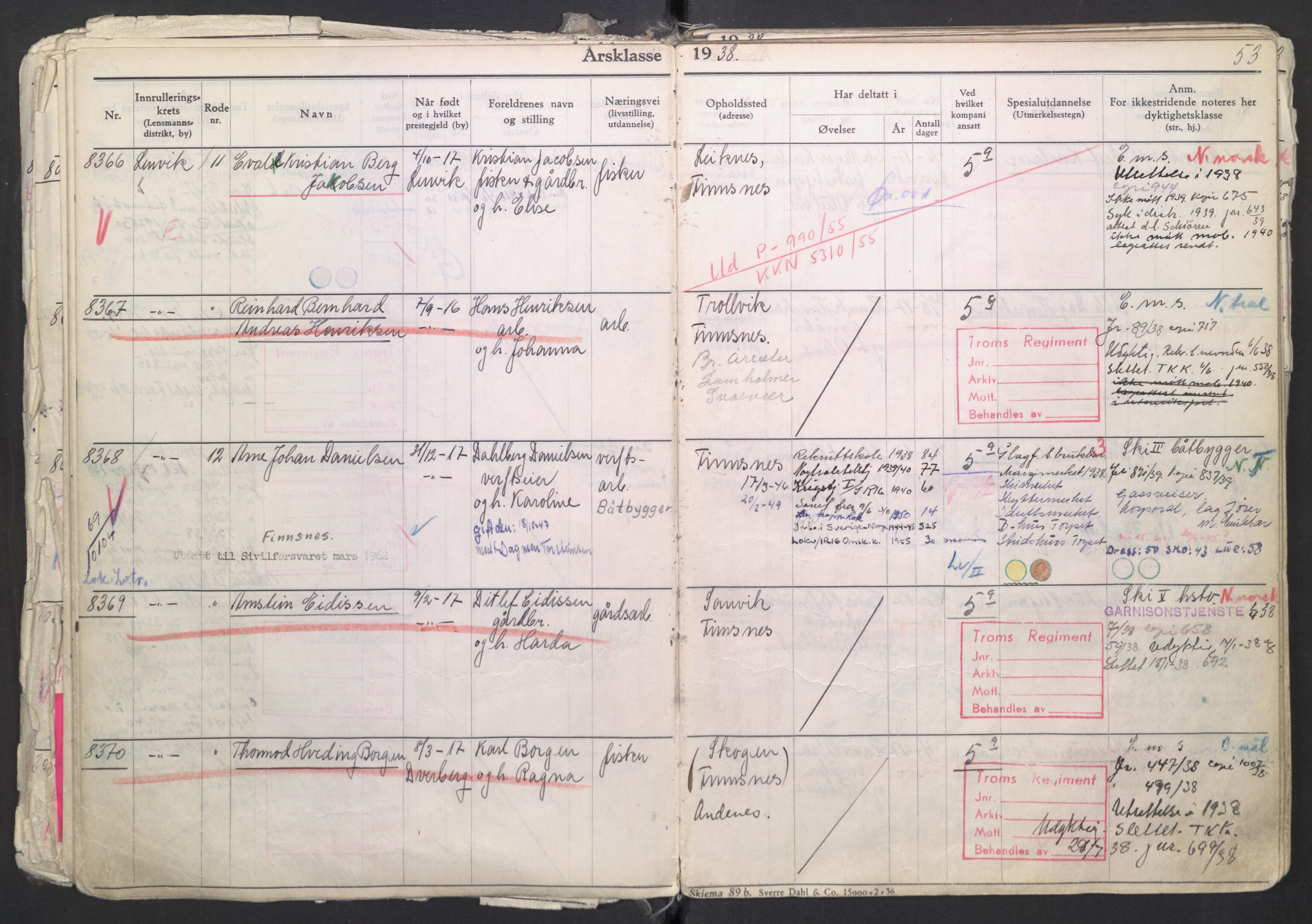 Forsvaret, Troms infanteriregiment nr. 16, AV/RA-RAFA-3146/P/Pa/L0007/0003: Ruller / Rulle for regimentets menige mannskaper, årsklasse 1938, 1938, p. 53