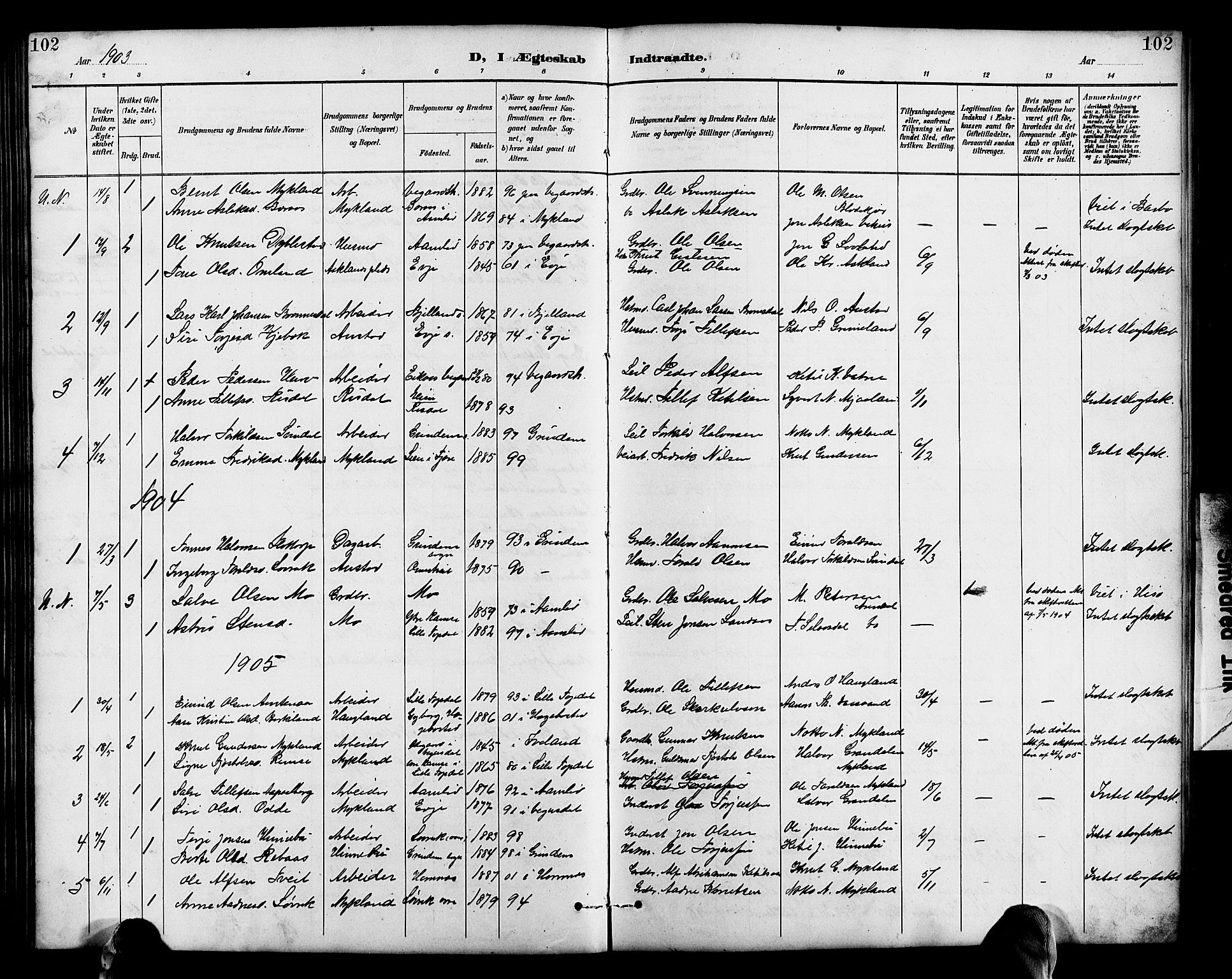 Herefoss sokneprestkontor, AV/SAK-1111-0019/F/Fb/Fbc/L0003: Parish register (copy) no. B 3, 1887-1915, p. 102