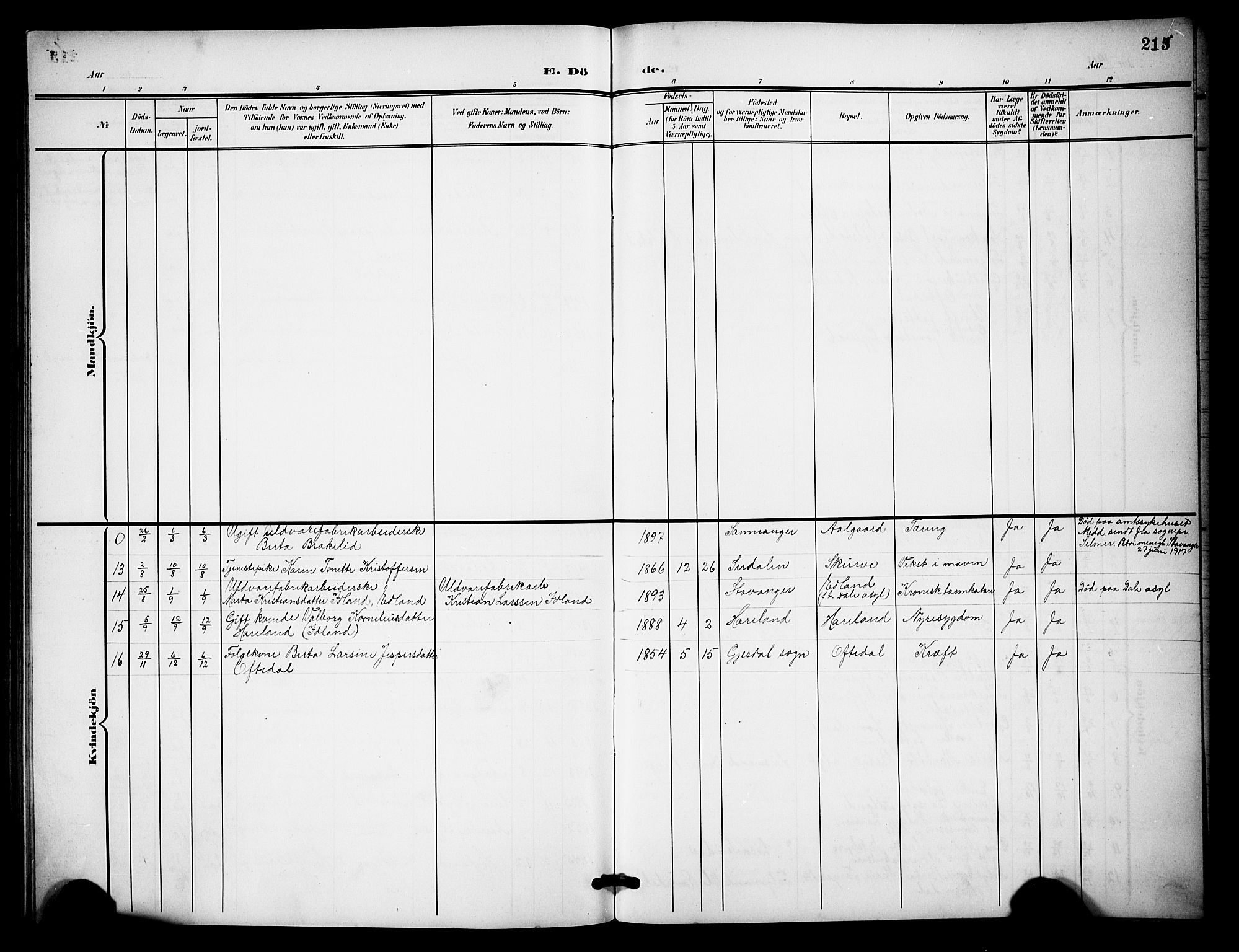 Lye sokneprestkontor, AV/SAST-A-101794/001/30BB/L0009: Parish register (copy) no. B 9, 1902-1923, p. 215