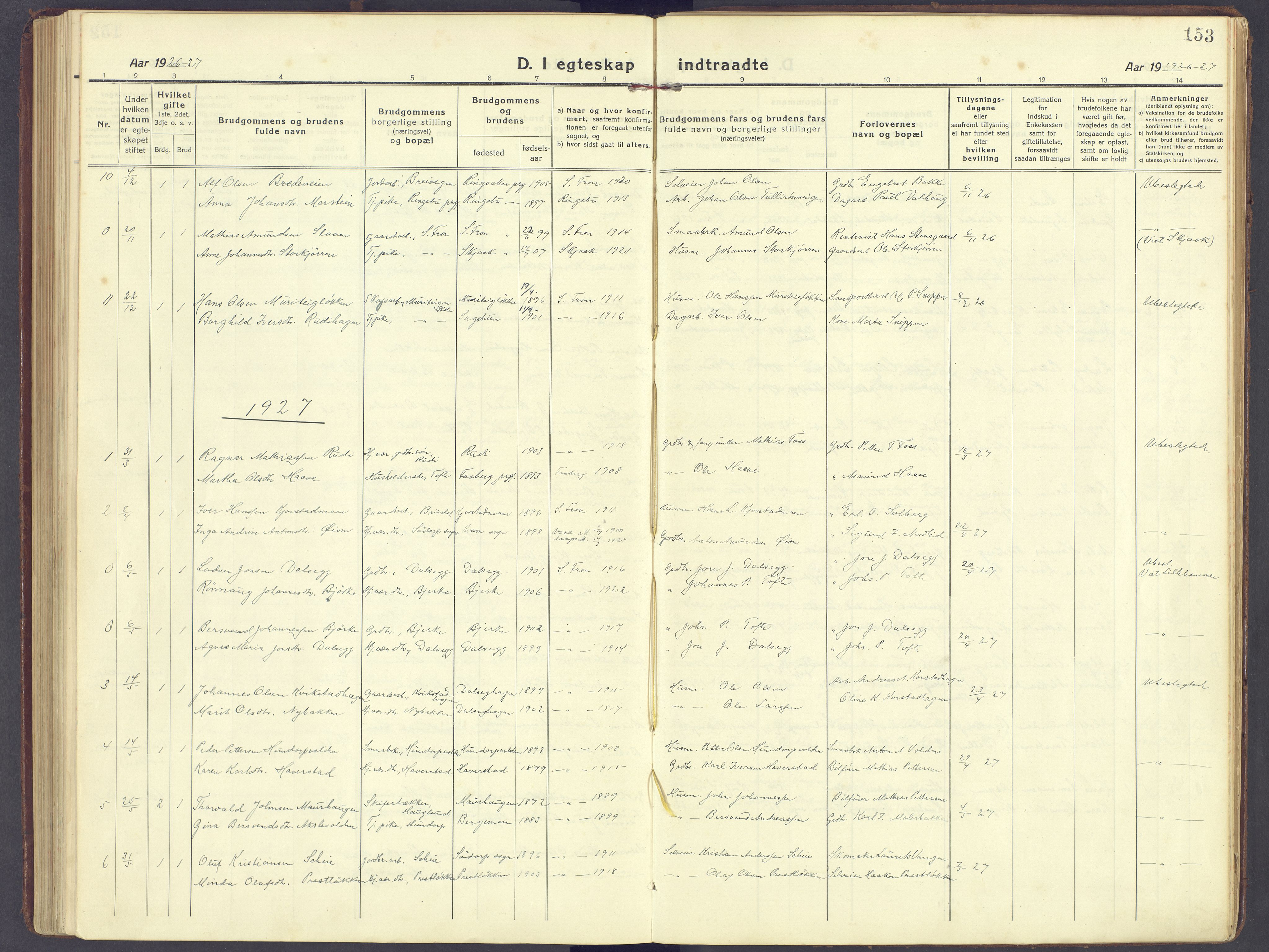 Sør-Fron prestekontor, AV/SAH-PREST-010/H/Ha/Haa/L0005: Parish register (official) no. 5, 1920-1933, p. 153