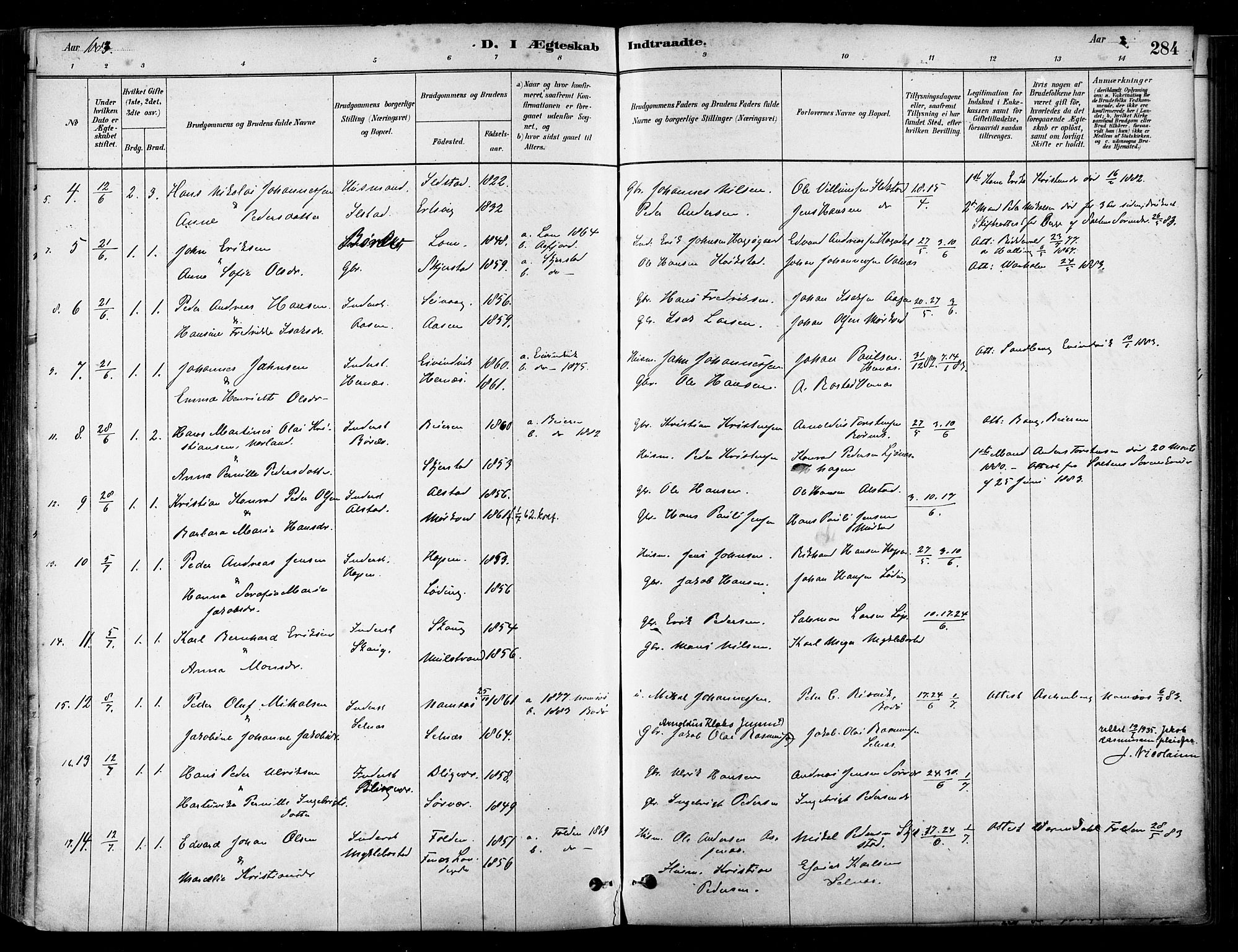 Ministerialprotokoller, klokkerbøker og fødselsregistre - Nordland, SAT/A-1459/802/L0054: Parish register (official) no. 802A01, 1879-1893, p. 284