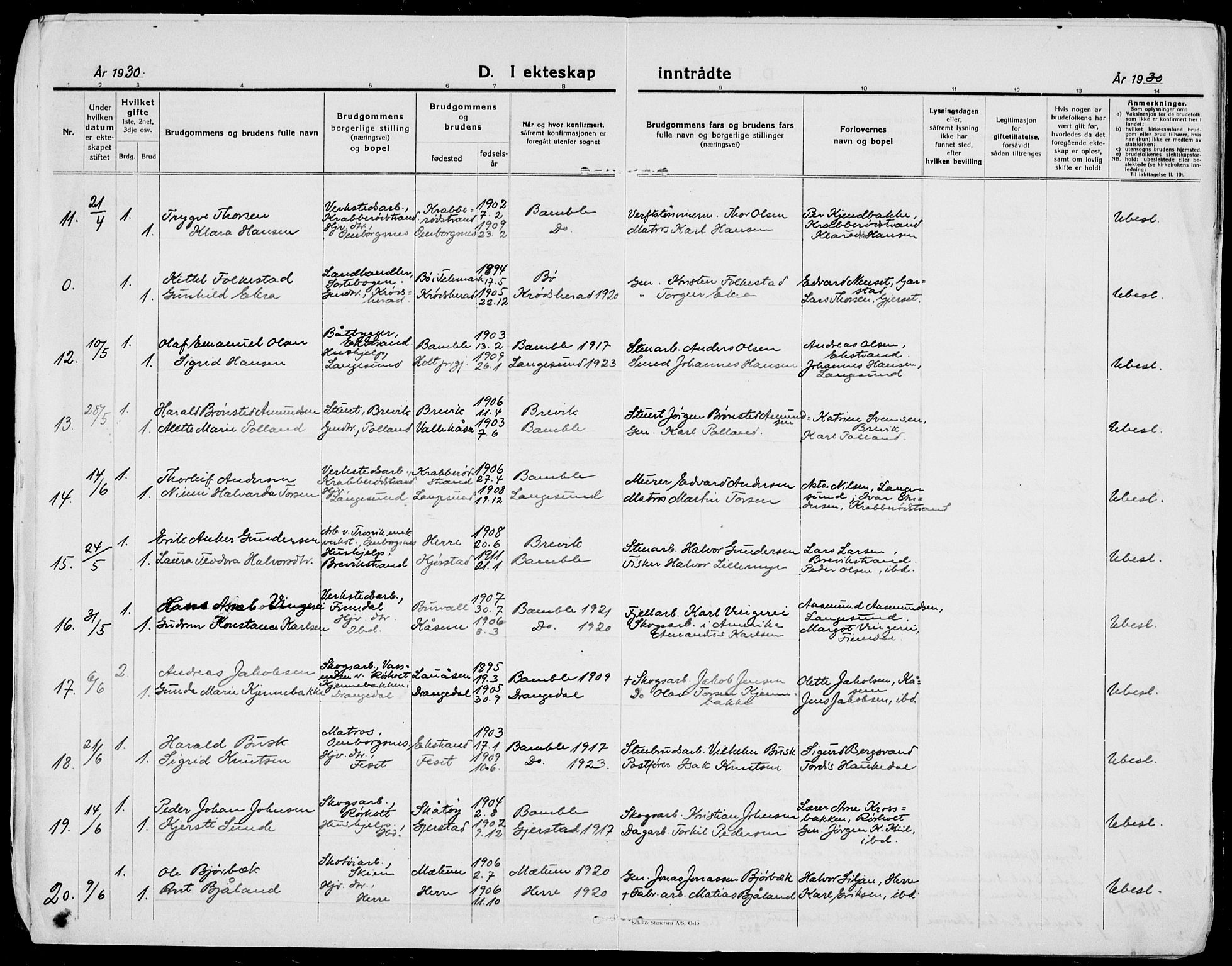 Bamble kirkebøker, SAKO/A-253/G/Ga/L0011: Parish register (copy) no. I 11, 1920-1935