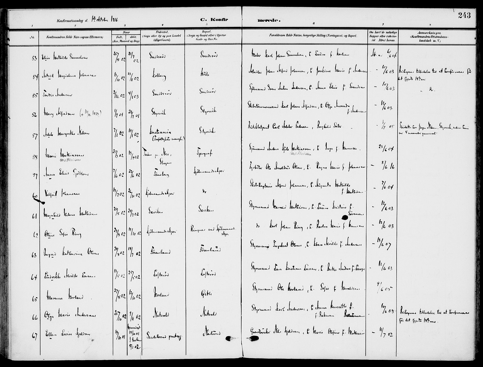 Nøtterøy kirkebøker, AV/SAKO-A-354/F/Fa/L0010: Parish register (official) no. I 10, 1908-1919, p. 243