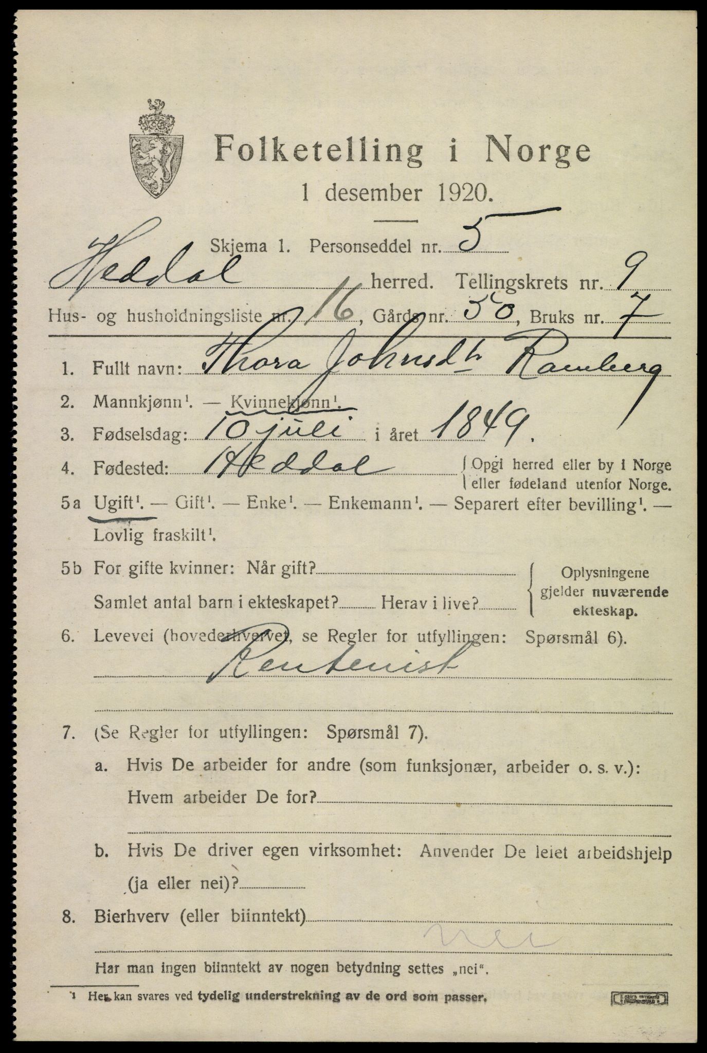 SAKO, 1920 census for Heddal, 1920, p. 6770