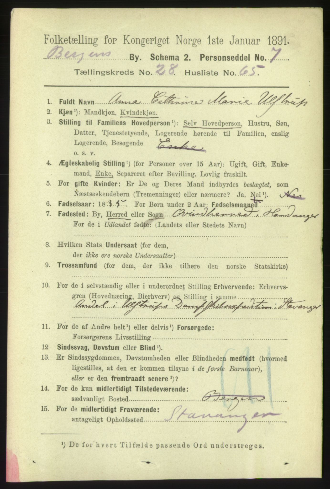 RA, 1891 Census for 1301 Bergen, 1891, p. 37188