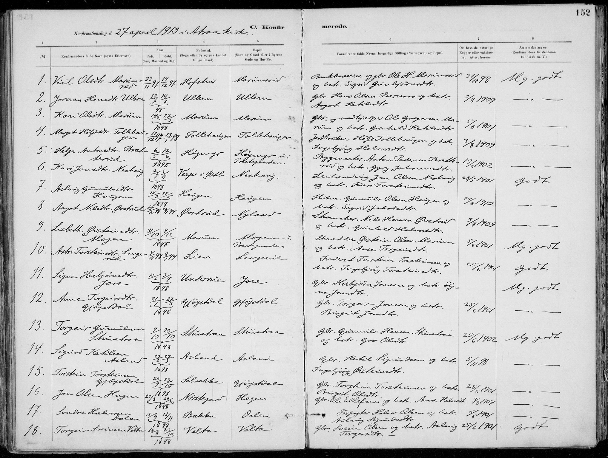 Tinn kirkebøker, AV/SAKO-A-308/F/Fa/L0007: Parish register (official) no. I 7, 1878-1922, p. 152