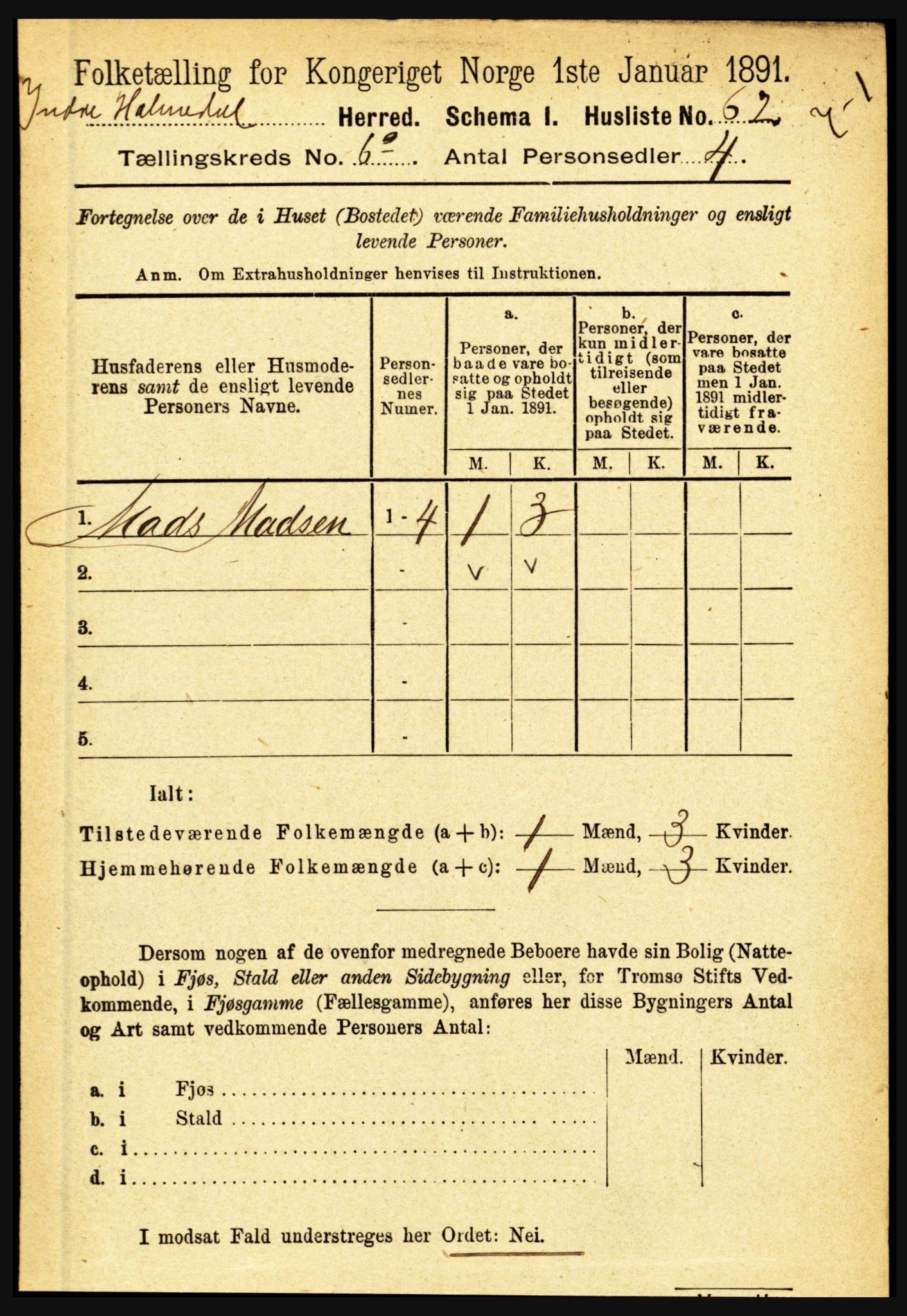 RA, 1891 census for 1430 Indre Holmedal, 1891, p. 2455