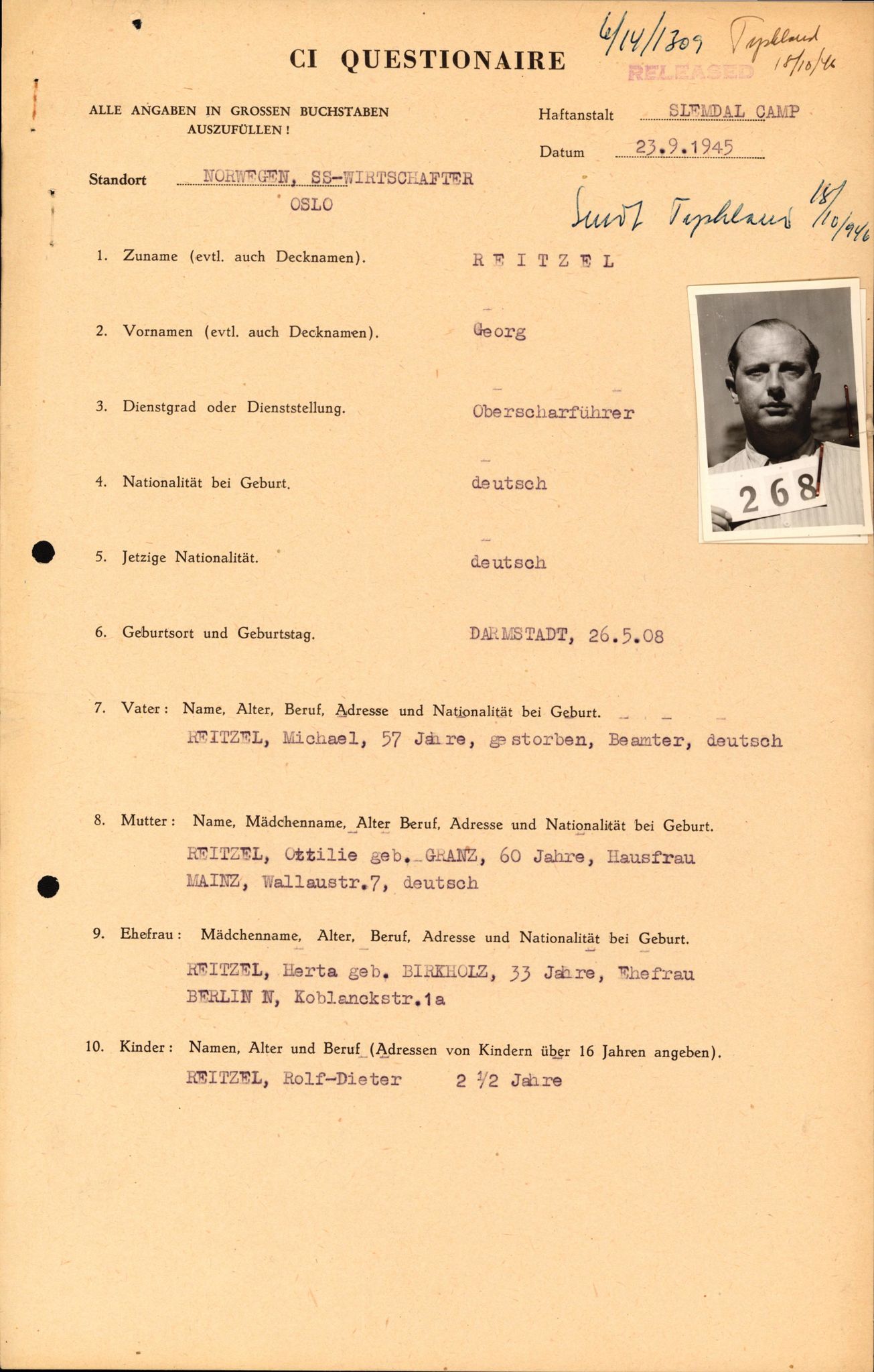 Forsvaret, Forsvarets overkommando II, AV/RA-RAFA-3915/D/Db/L0027: CI Questionaires. Tyske okkupasjonsstyrker i Norge. Tyskere., 1945-1946, p. 188