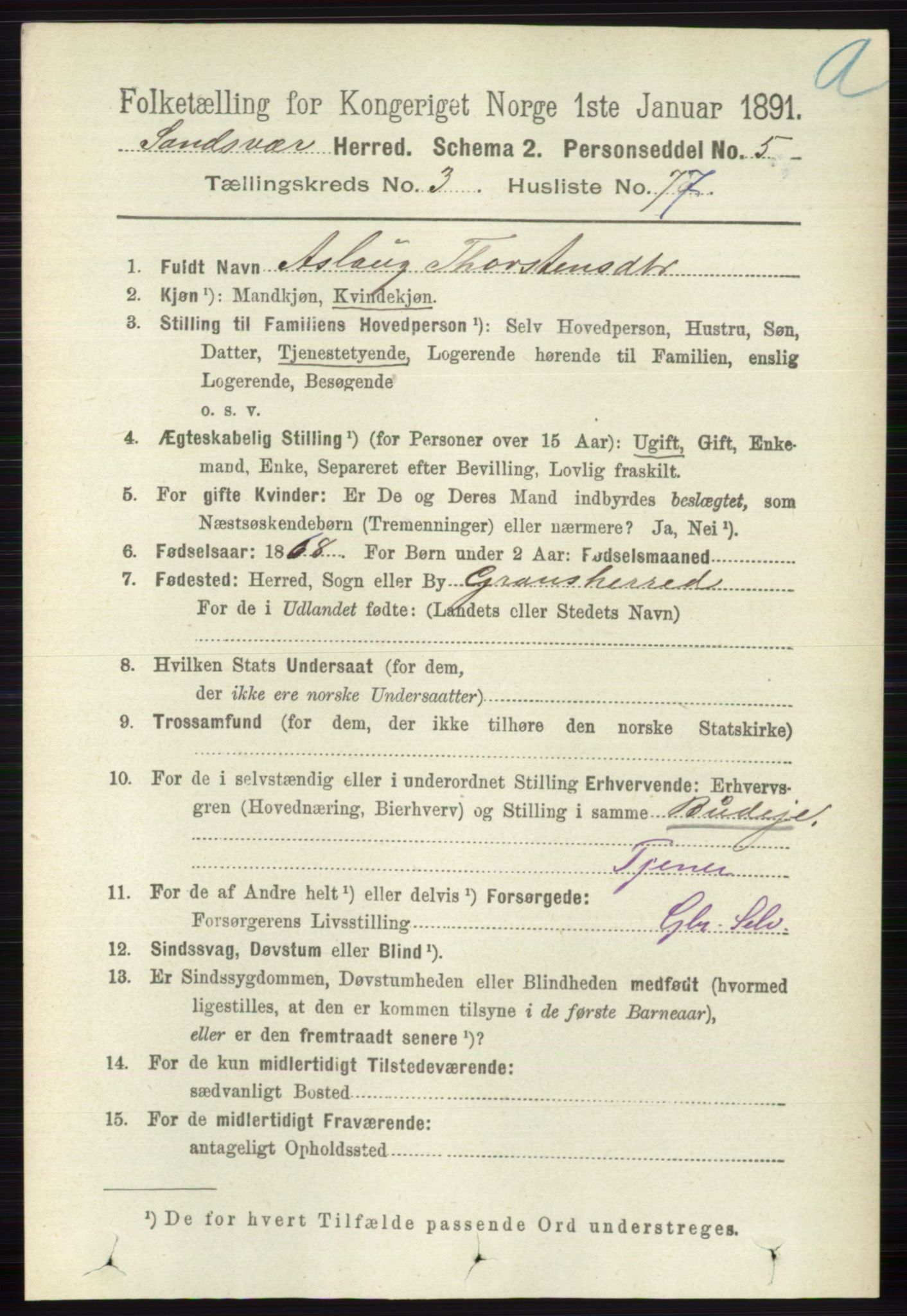 RA, 1891 census for 0629 Sandsvær, 1891, p. 1714