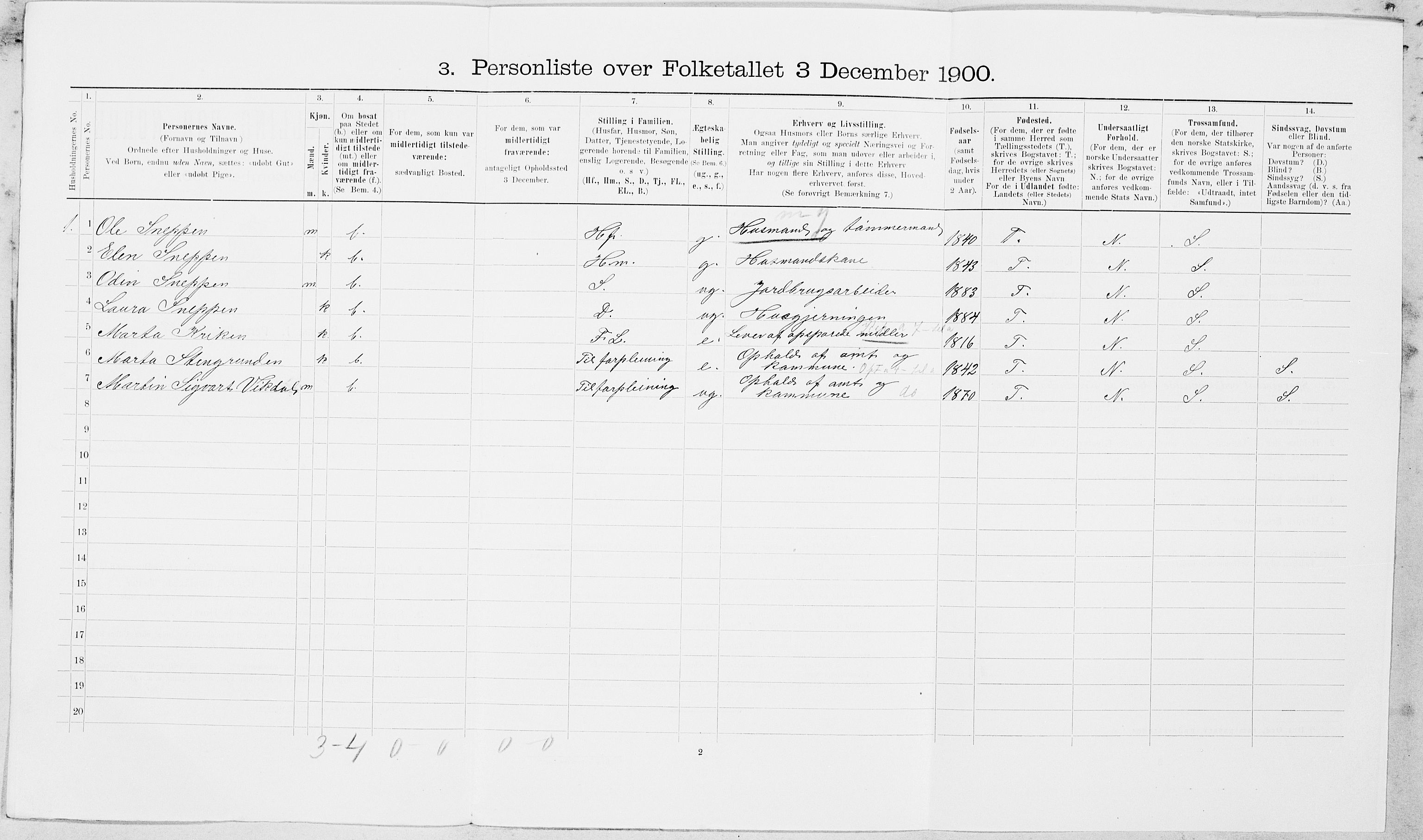 SAT, 1900 census for Verdal, 1900, p. 1704