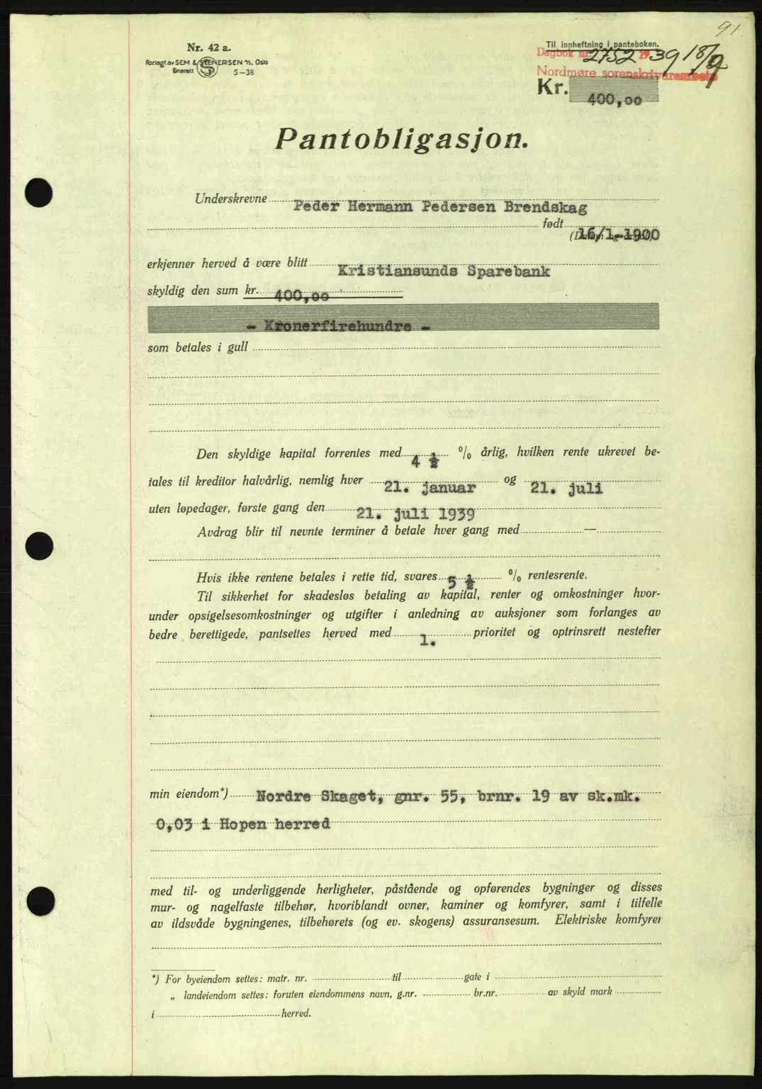 Nordmøre sorenskriveri, AV/SAT-A-4132/1/2/2Ca: Mortgage book no. B86, 1939-1940, Diary no: : 2752/1939