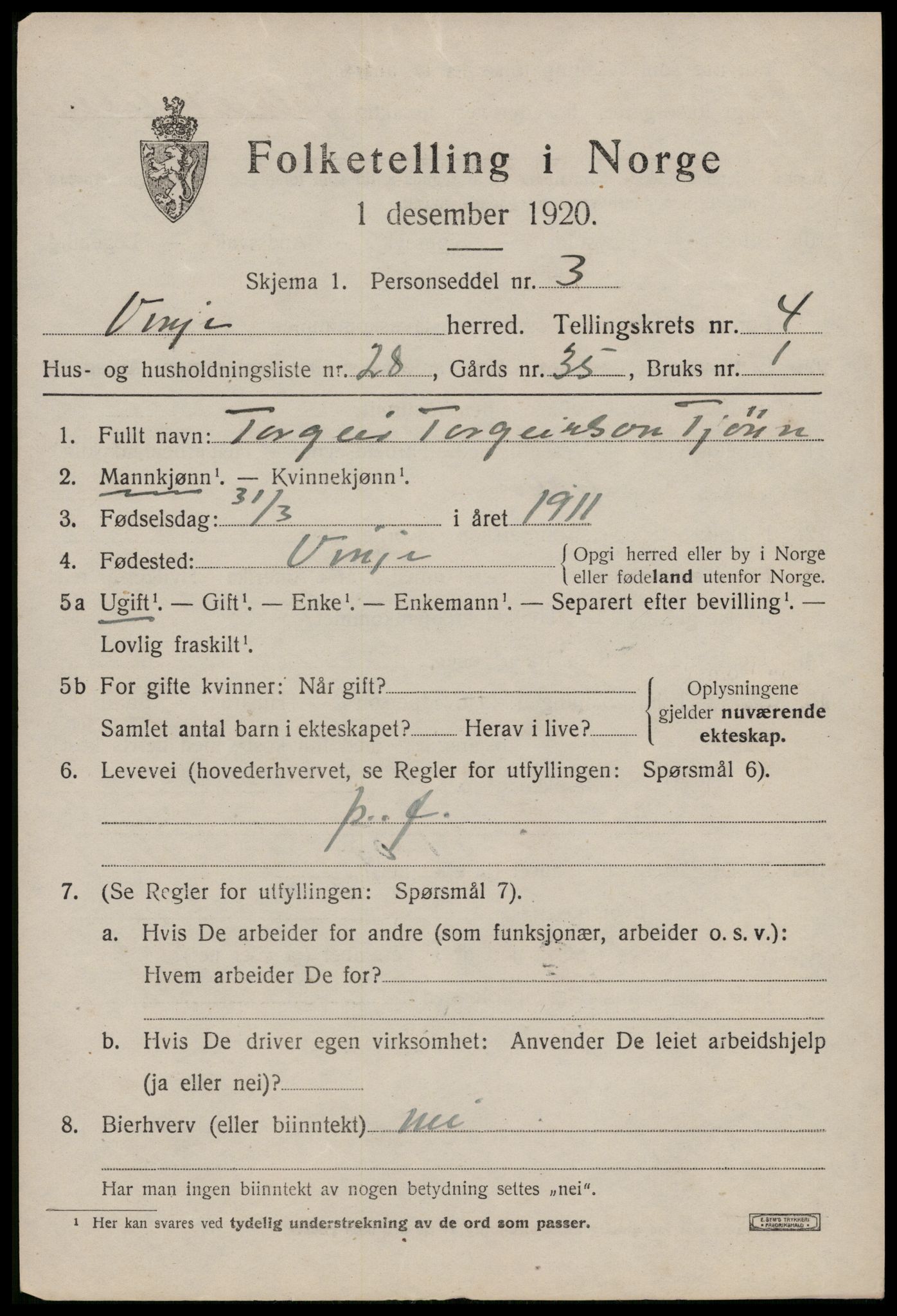 SAKO, 1920 census for Vinje, 1920, p. 1599