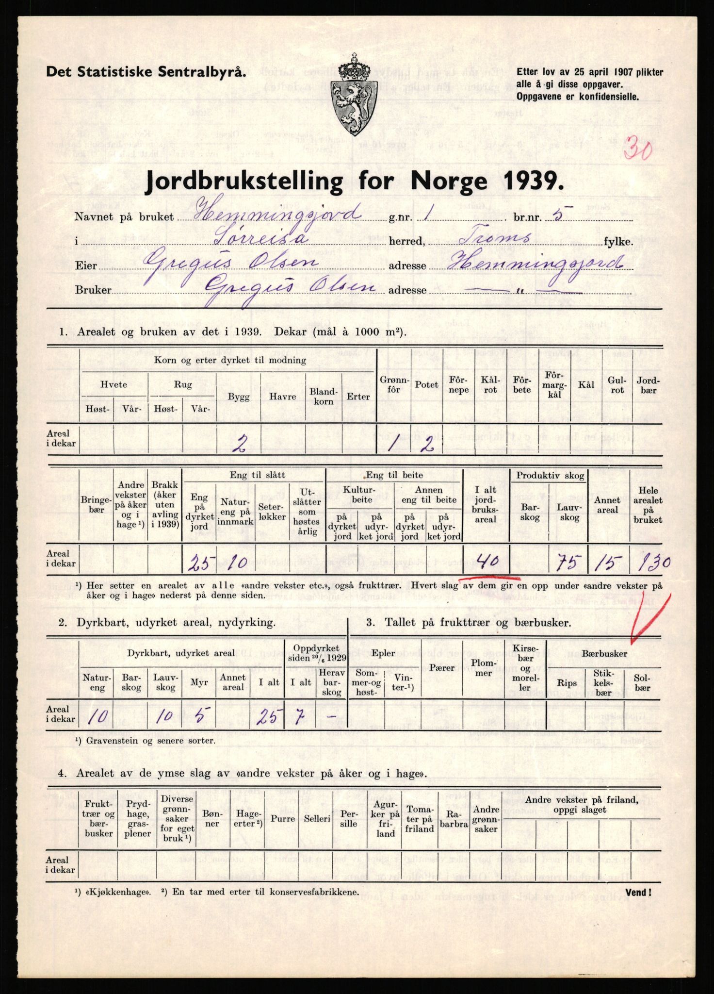 Statistisk sentralbyrå, Næringsøkonomiske emner, Jordbruk, skogbruk, jakt, fiske og fangst, AV/RA-S-2234/G/Gb/L0341: Troms: Sørreisa og Tranøy, 1939, p. 423