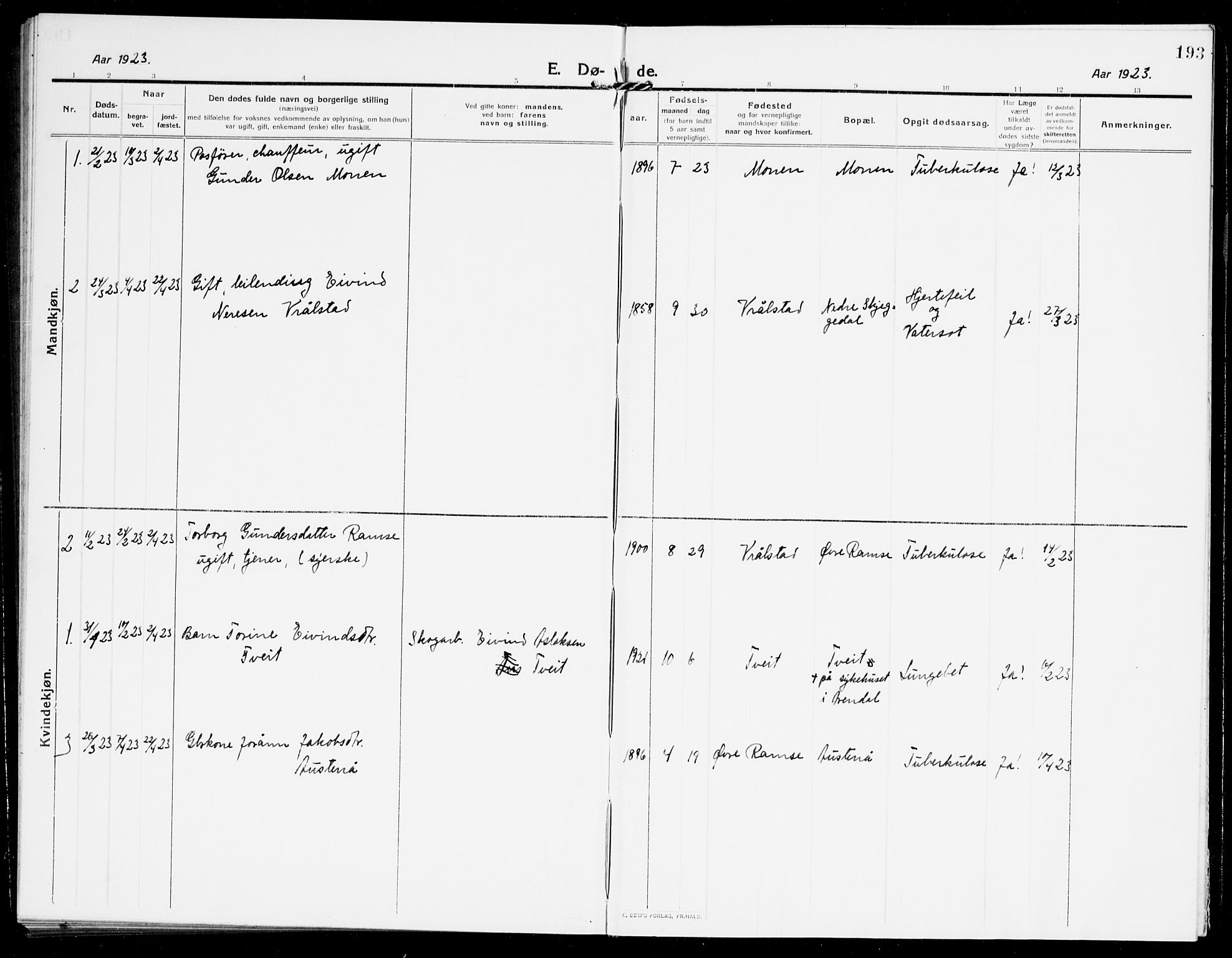 Åmli sokneprestkontor, SAK/1111-0050/F/Fb/Fbb/L0003: Parish register (copy) no. B 3, 1906-1941, p. 193