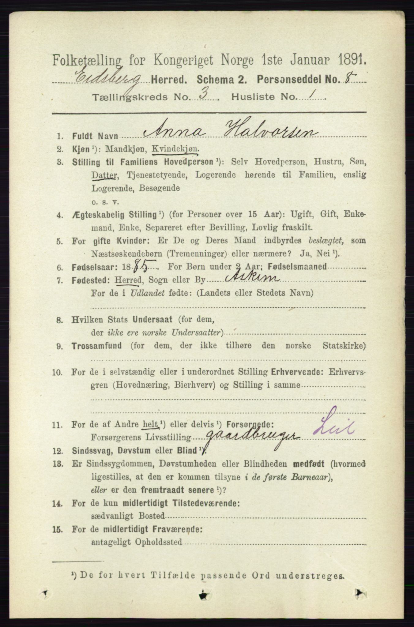 RA, 1891 census for 0125 Eidsberg, 1891, p. 1462