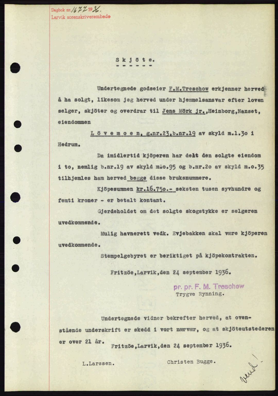 Larvik sorenskriveri, SAKO/A-83/G/Ga/Gab/L0067: Mortgage book no. A-1, 1936-1937, Diary no: : 1677/1936