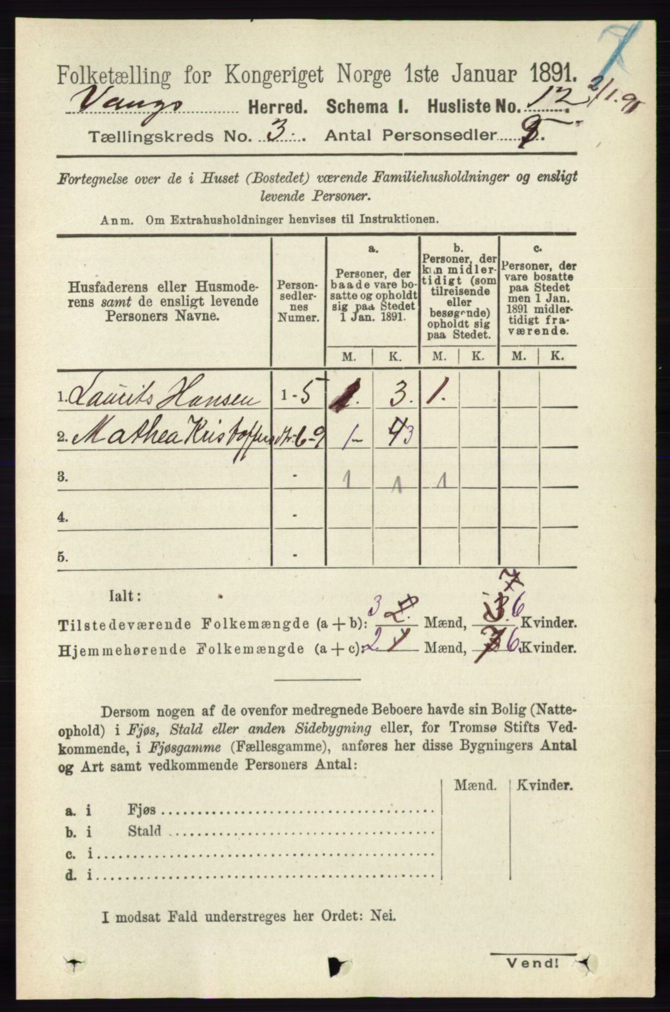 RA, 1891 census for 0414 Vang, 1891, p. 1761