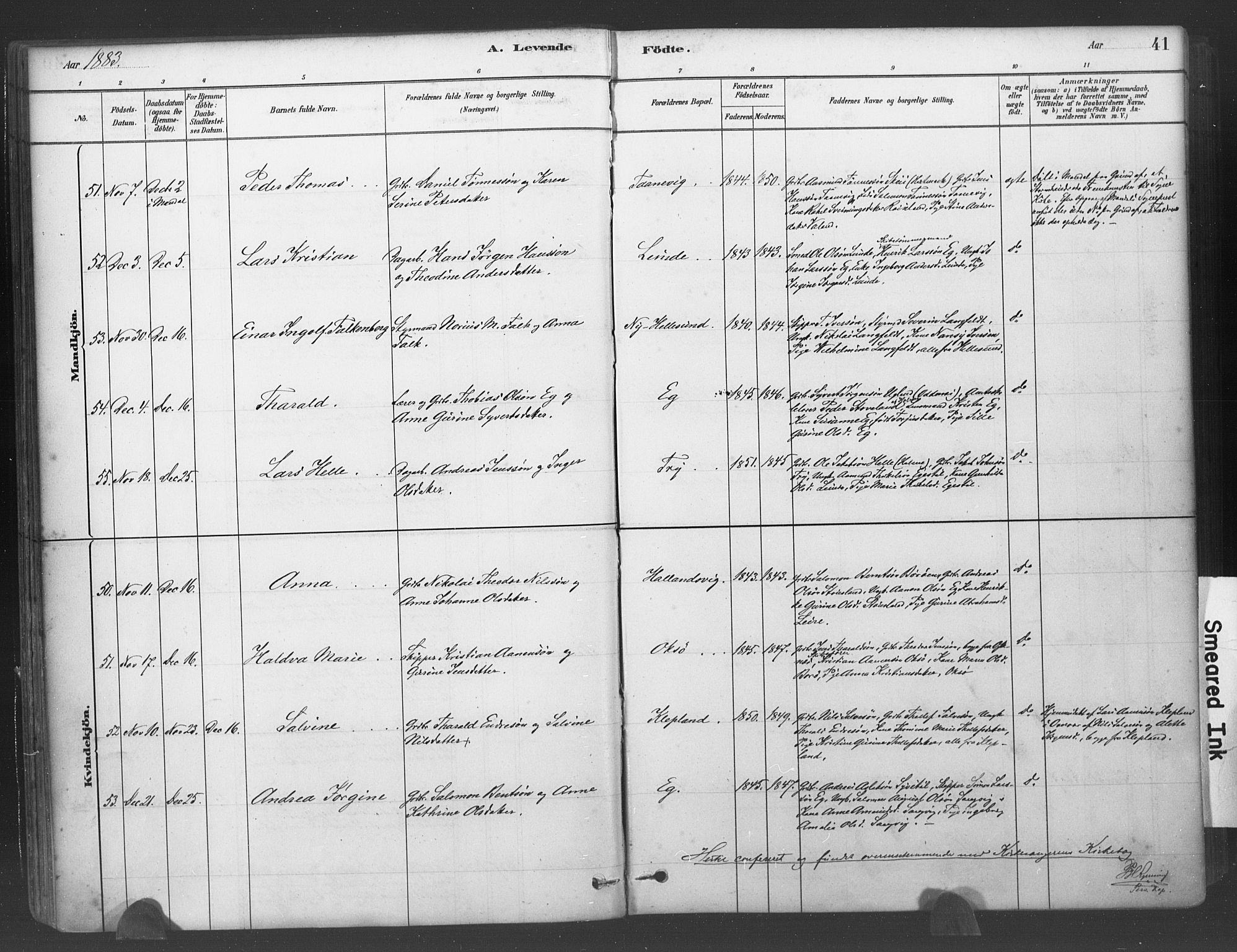 Søgne sokneprestkontor, SAK/1111-0037/F/Fa/Fab/L0012: Parish register (official) no. A 12, 1880-1891, p. 41