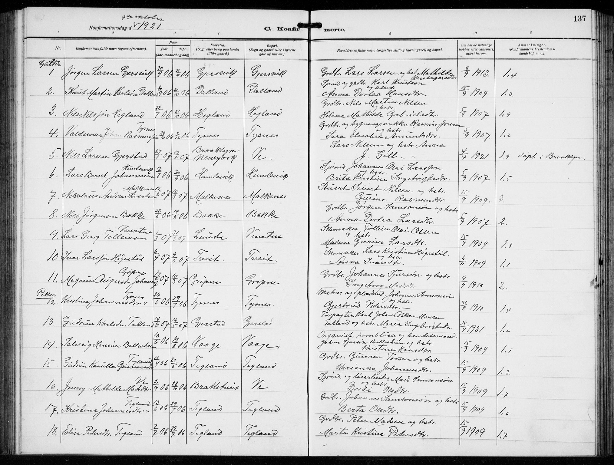 Tysnes sokneprestembete, AV/SAB-A-78601/H/Hab: Parish register (copy) no. B  3, 1918-1935, p. 137