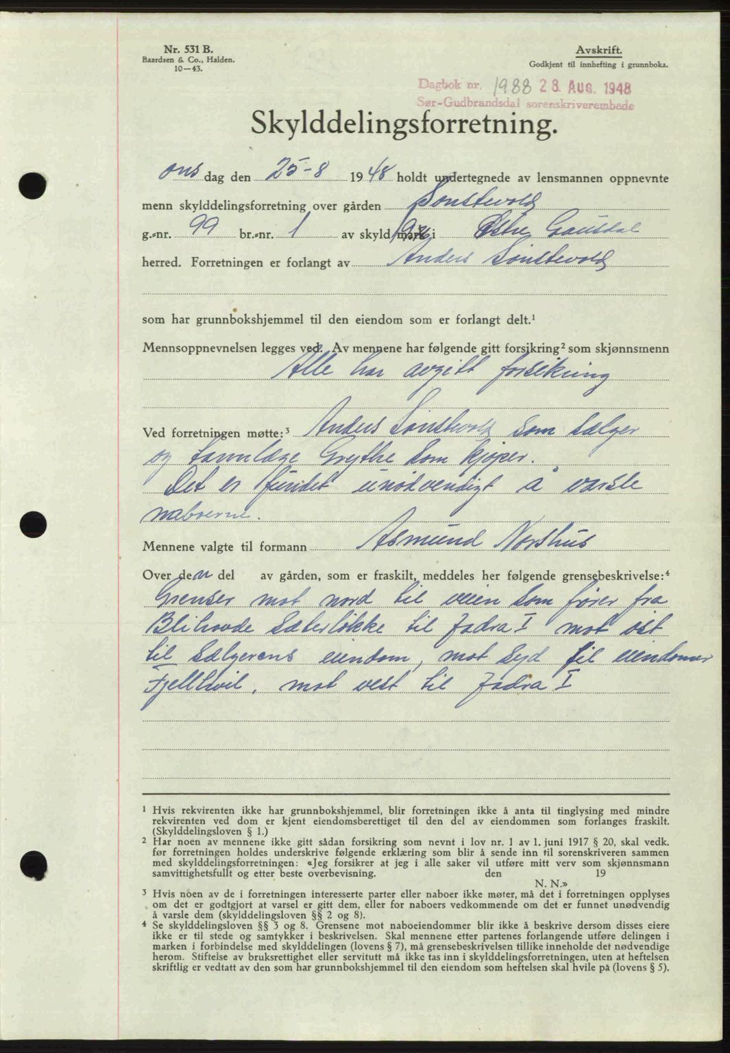 Sør-Gudbrandsdal tingrett, SAH/TING-004/H/Hb/Hbd/L0022: Mortgage book no. A22, 1948-1948, Diary no: : 1988/1948